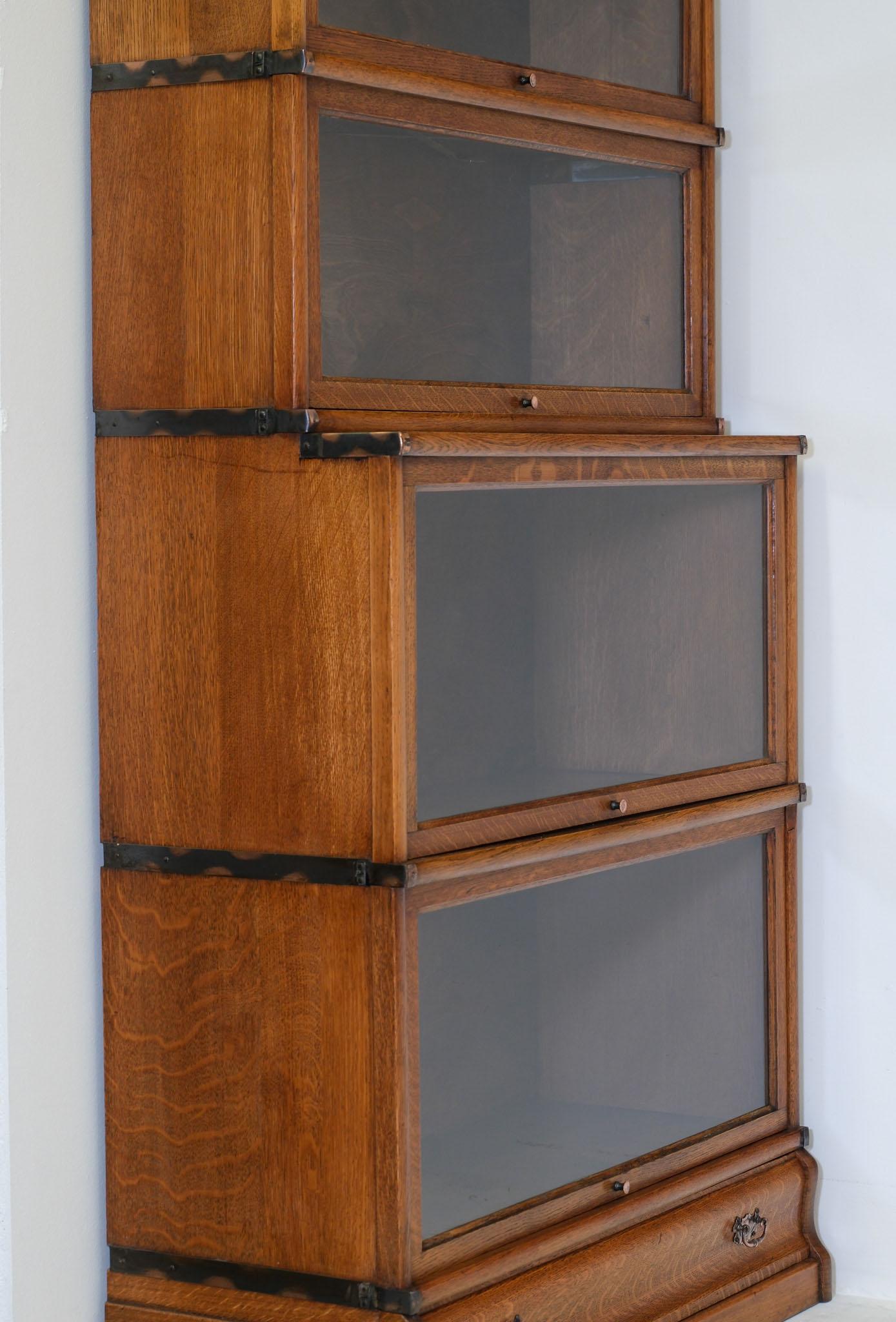 Antique Golden Oak English Globe Wernicke  Five Section Bookcase With Drawer 1