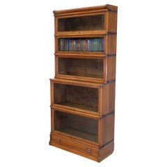 Antique Golden Oak English Globe Wernicke  Five Section Bookcase With Drawer