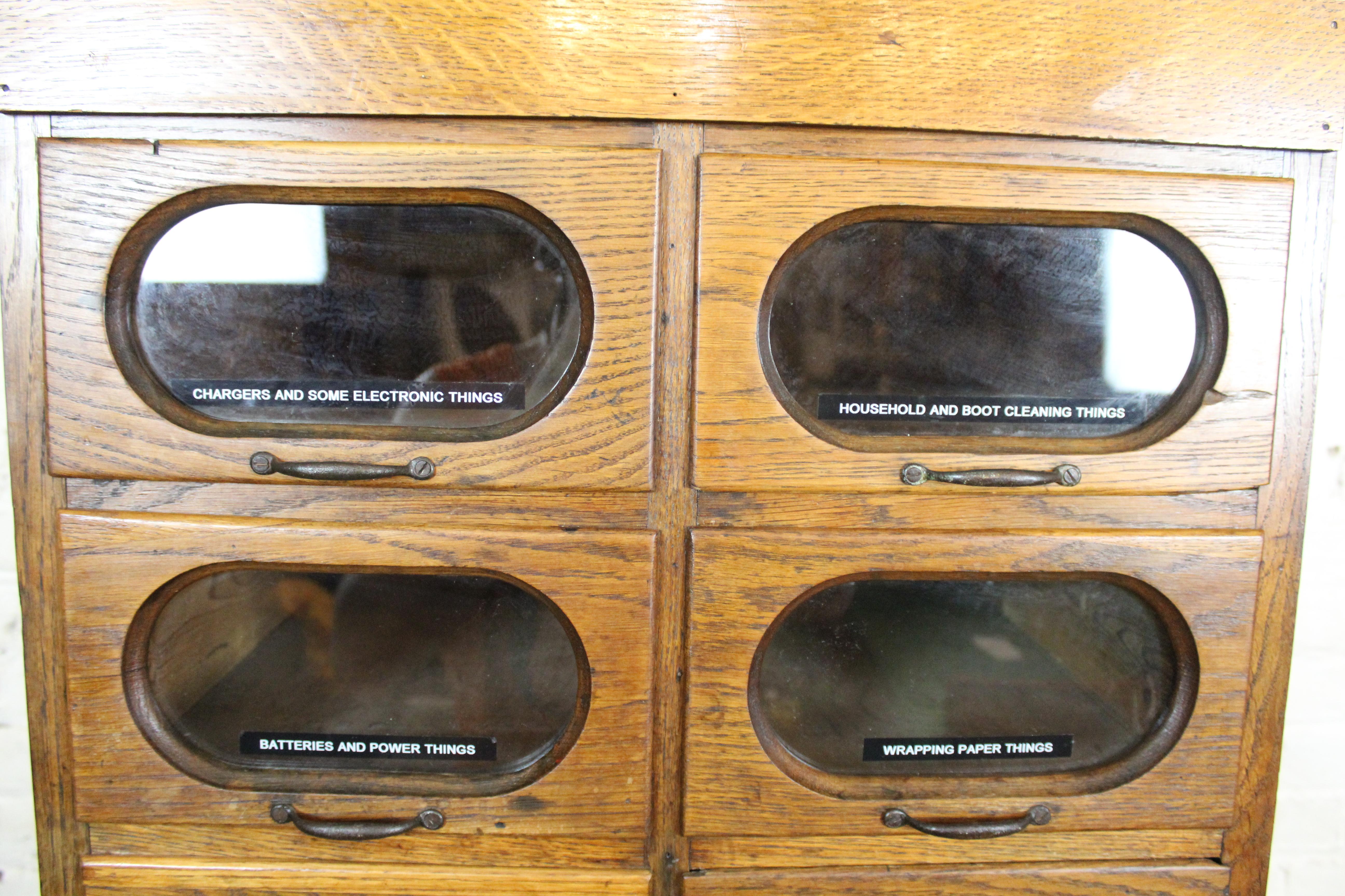 English Antique Golden Oak Haberdashery Cabinet by Dudley & Co. England