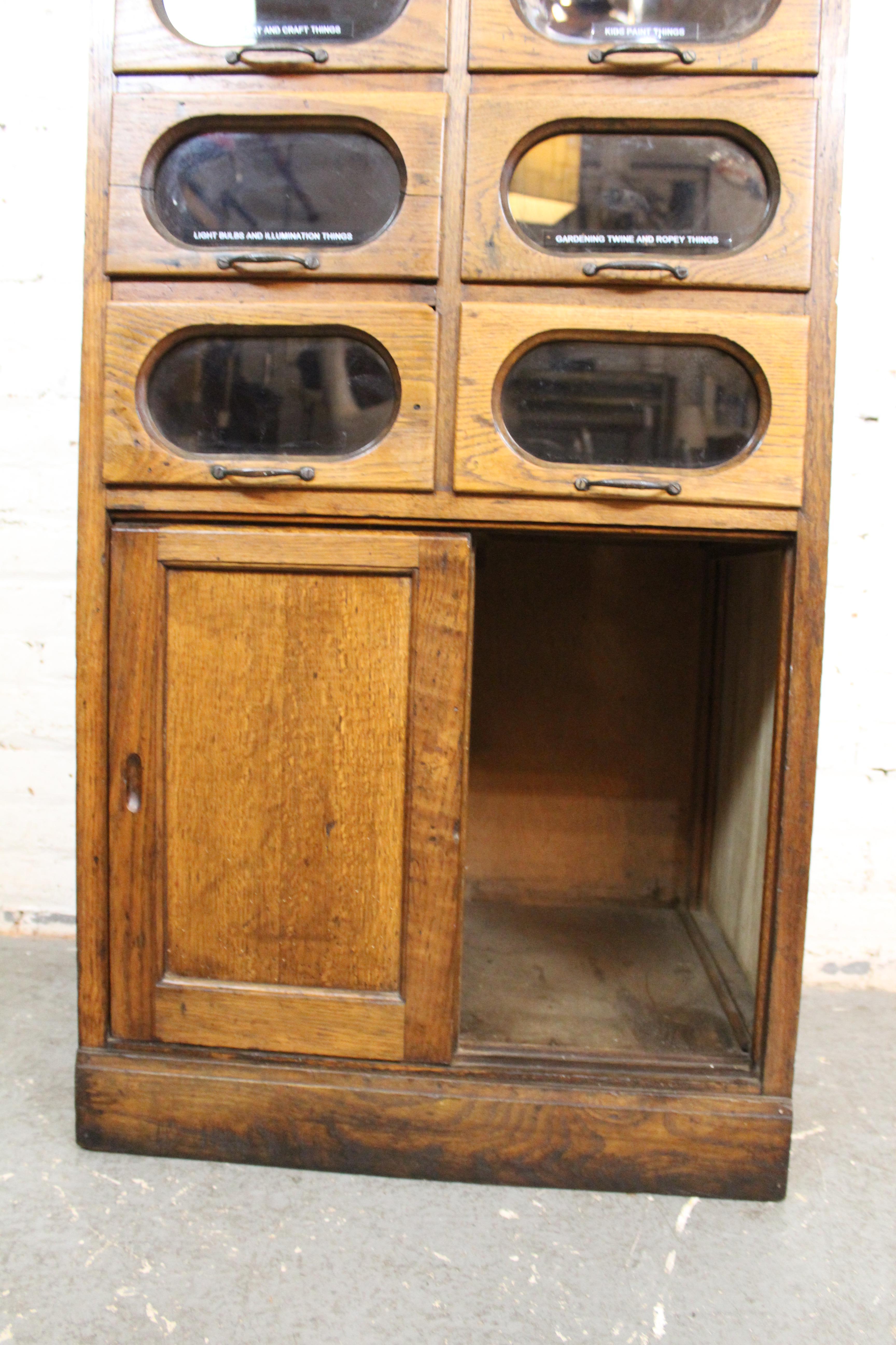 Metal Antique Golden Oak Haberdashery Cabinet by Dudley & Co. England