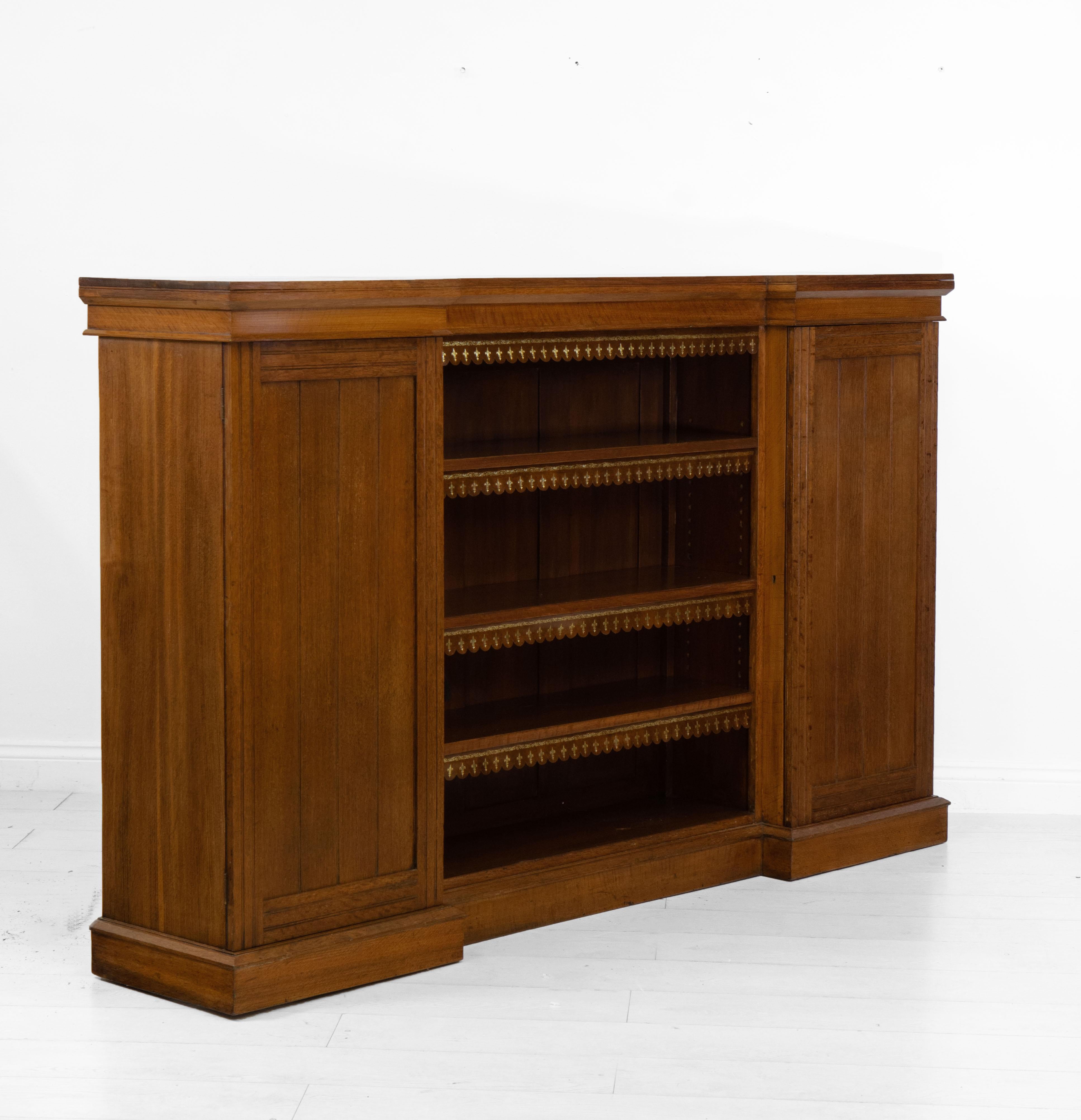 Antique Golden Oak Long Breakfront Enclosed and Open Bookcase For Sale 2