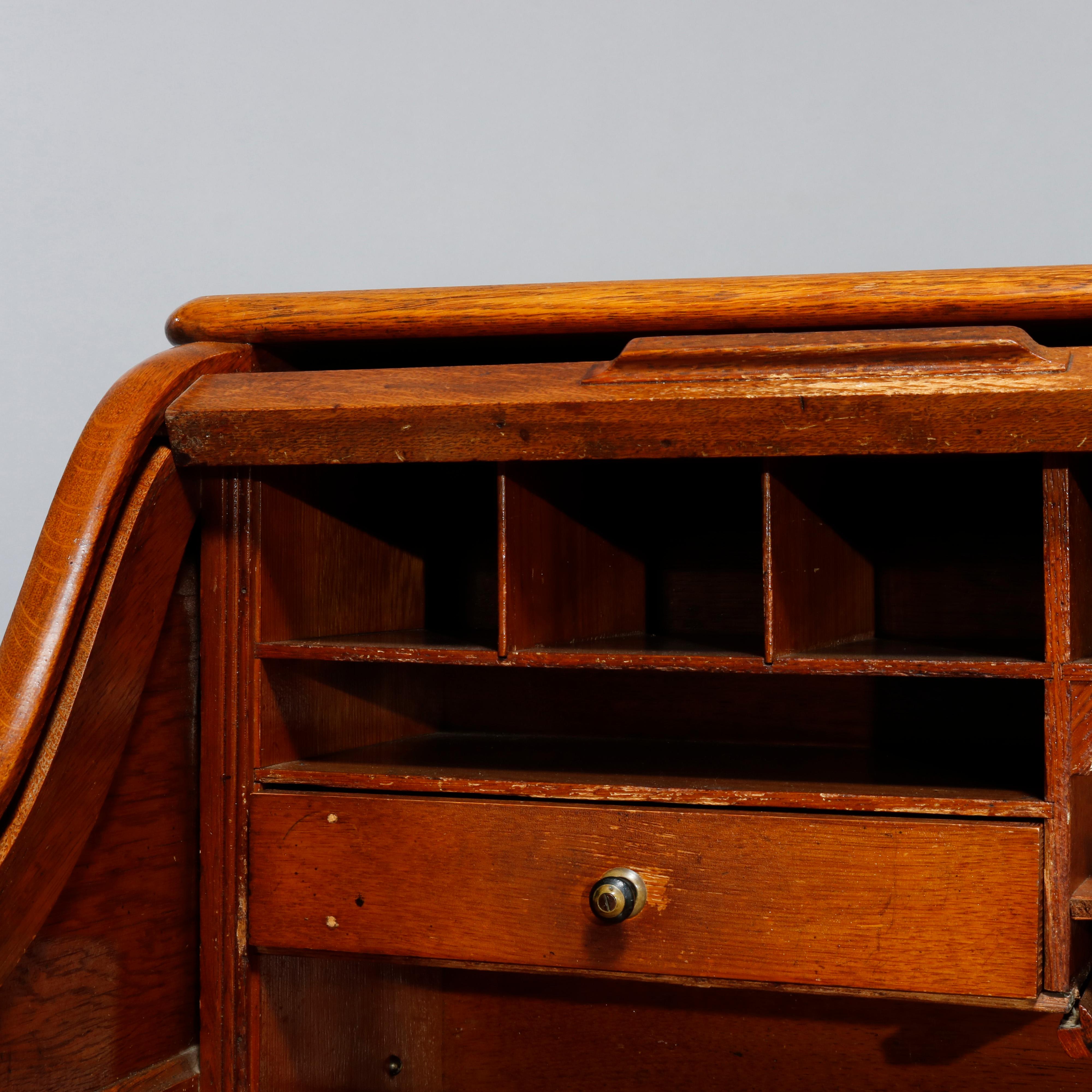 Carved Antique Golden Oak S-Roll Top Derby School Desk, Circa 1900