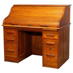 Antique Golden Oak S-Roll Top Derby School Desk, Circa 1900
