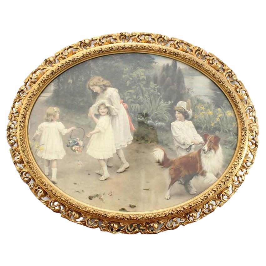 Marco de madera ovalado dorado antiguo "Amor a primera vista  Arthur John Elsley