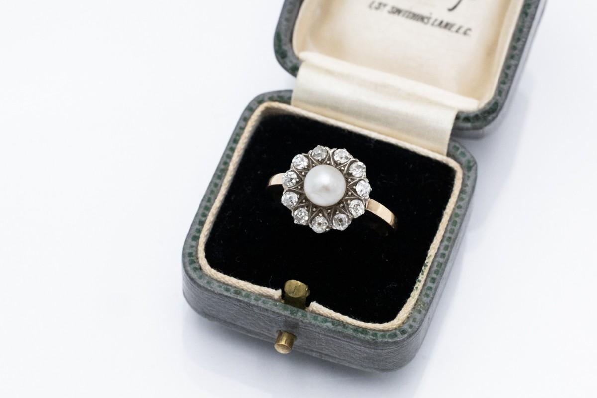Art Nouveau Antique Golden Ring with Pearl and Diamonds, circa 1900s.
