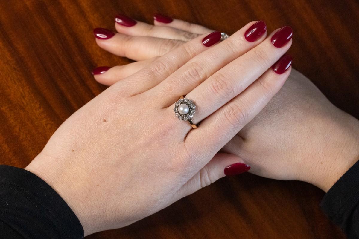 Old European Cut Antique Golden Ring with Pearl and Diamonds, circa 1900s.