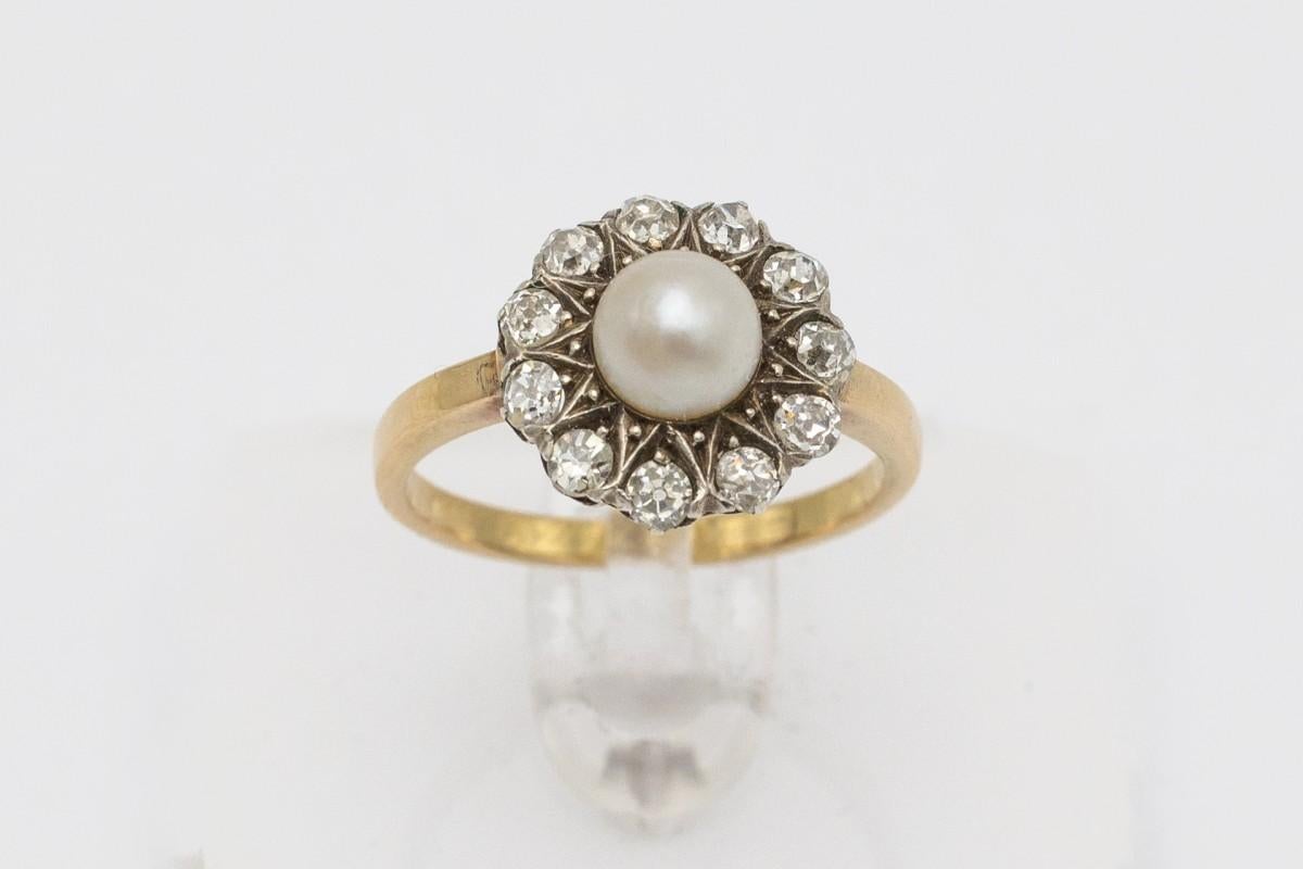 Women's Antique Golden Ring with Pearl and Diamonds, circa 1900s.
