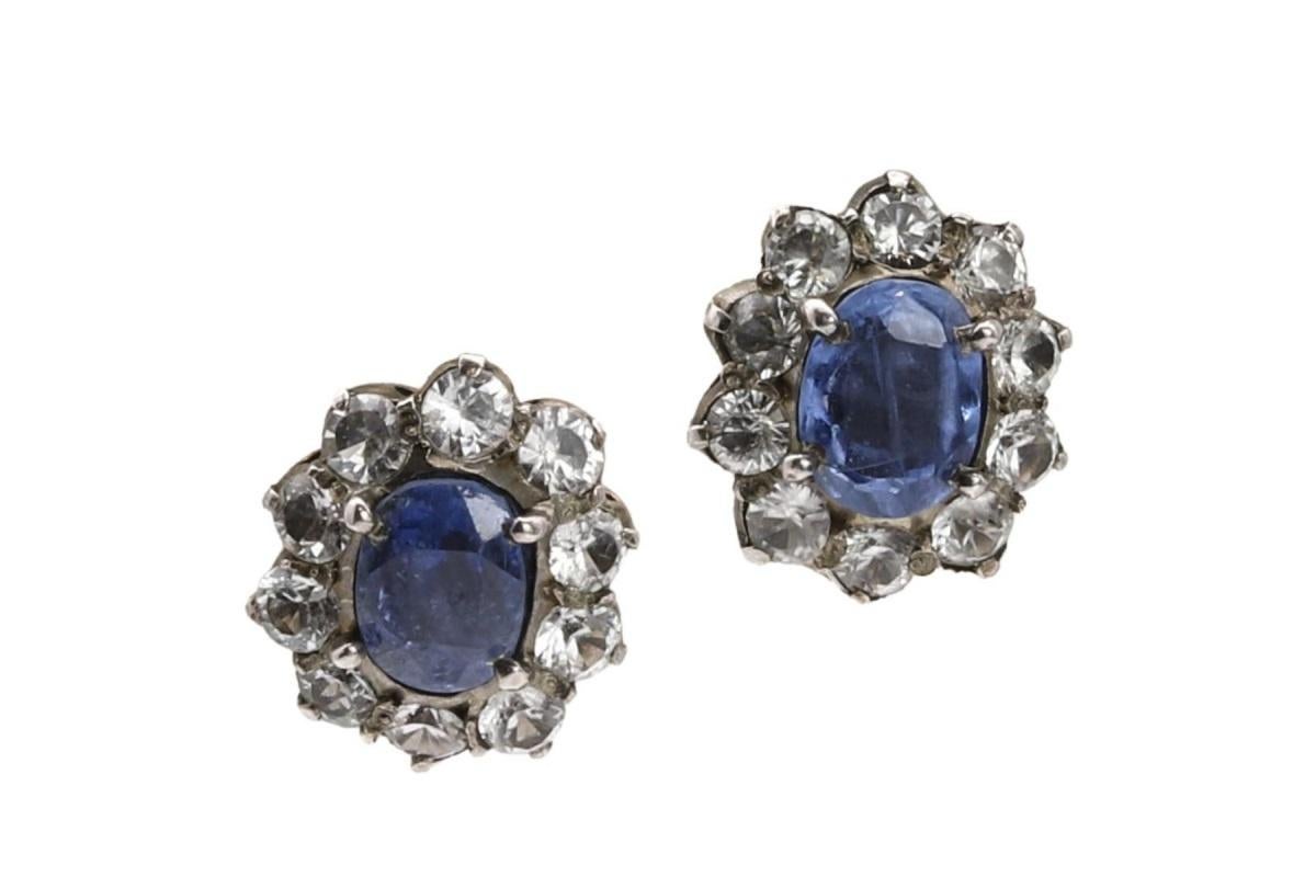 Antique golden set of necklace and earrings with blue and white sapphires In Good Condition In Chorzów, PL