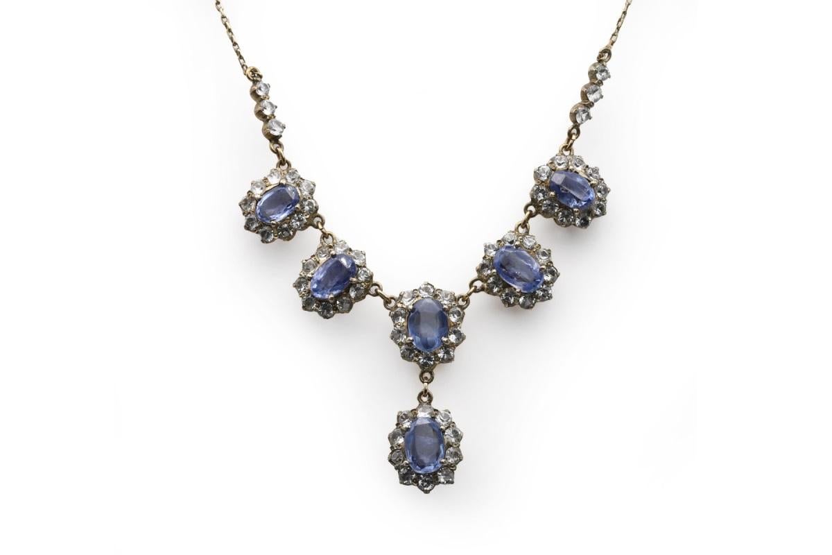 Antique golden set of necklace and earrings with blue and white sapphires 1