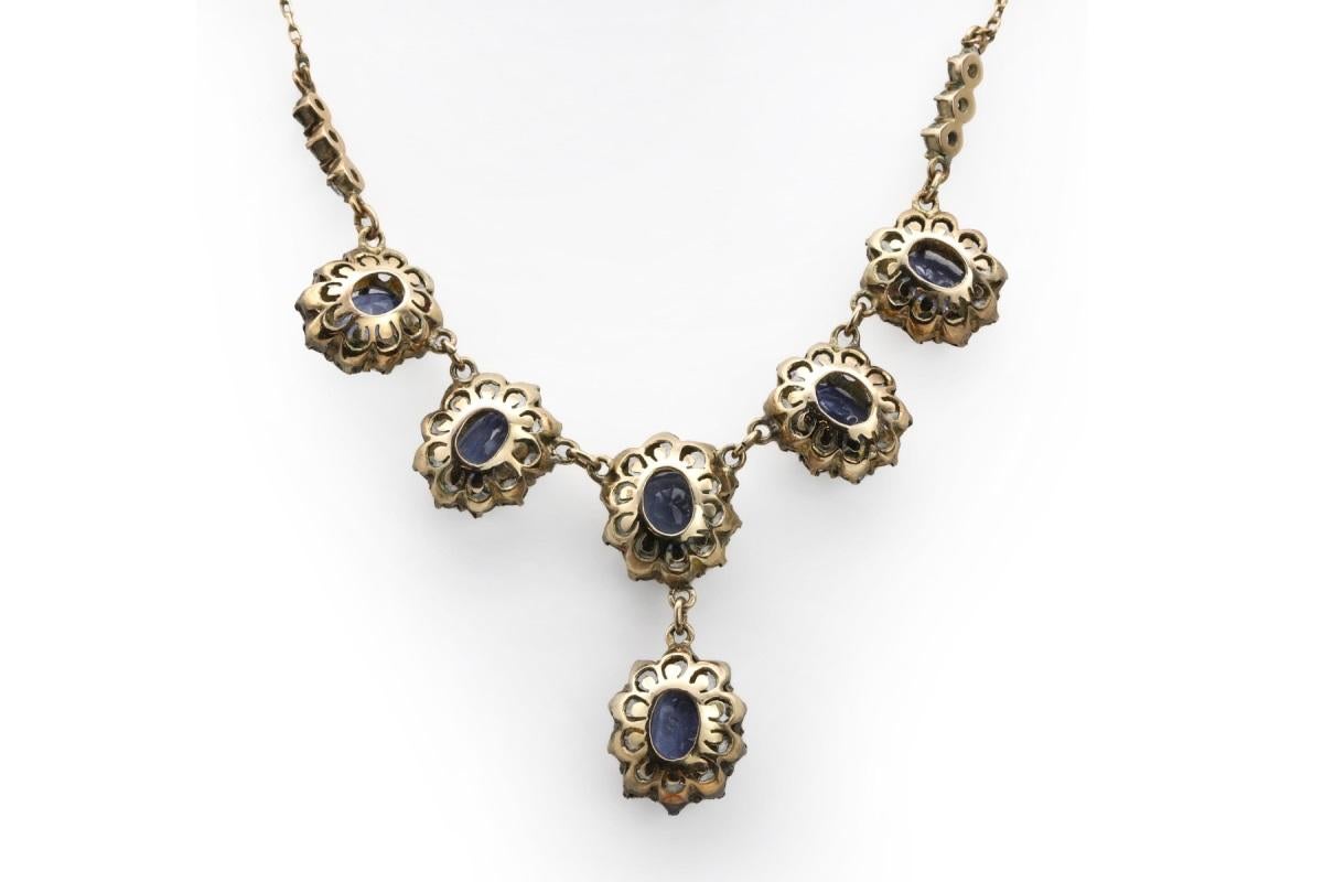 Antique golden set of necklace and earrings with blue and white sapphires 3