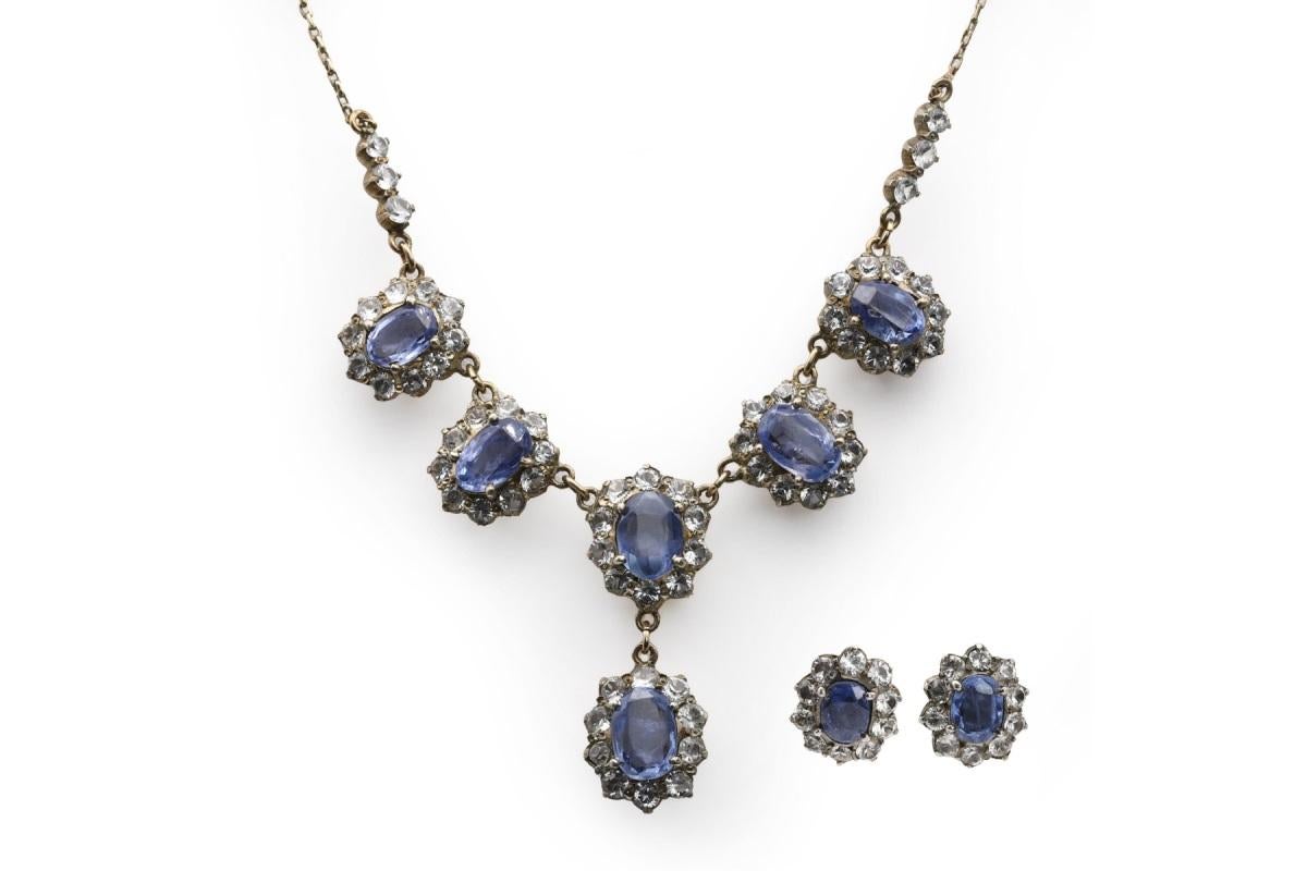 Antique golden set of necklace and earrings with blue and white sapphires 4