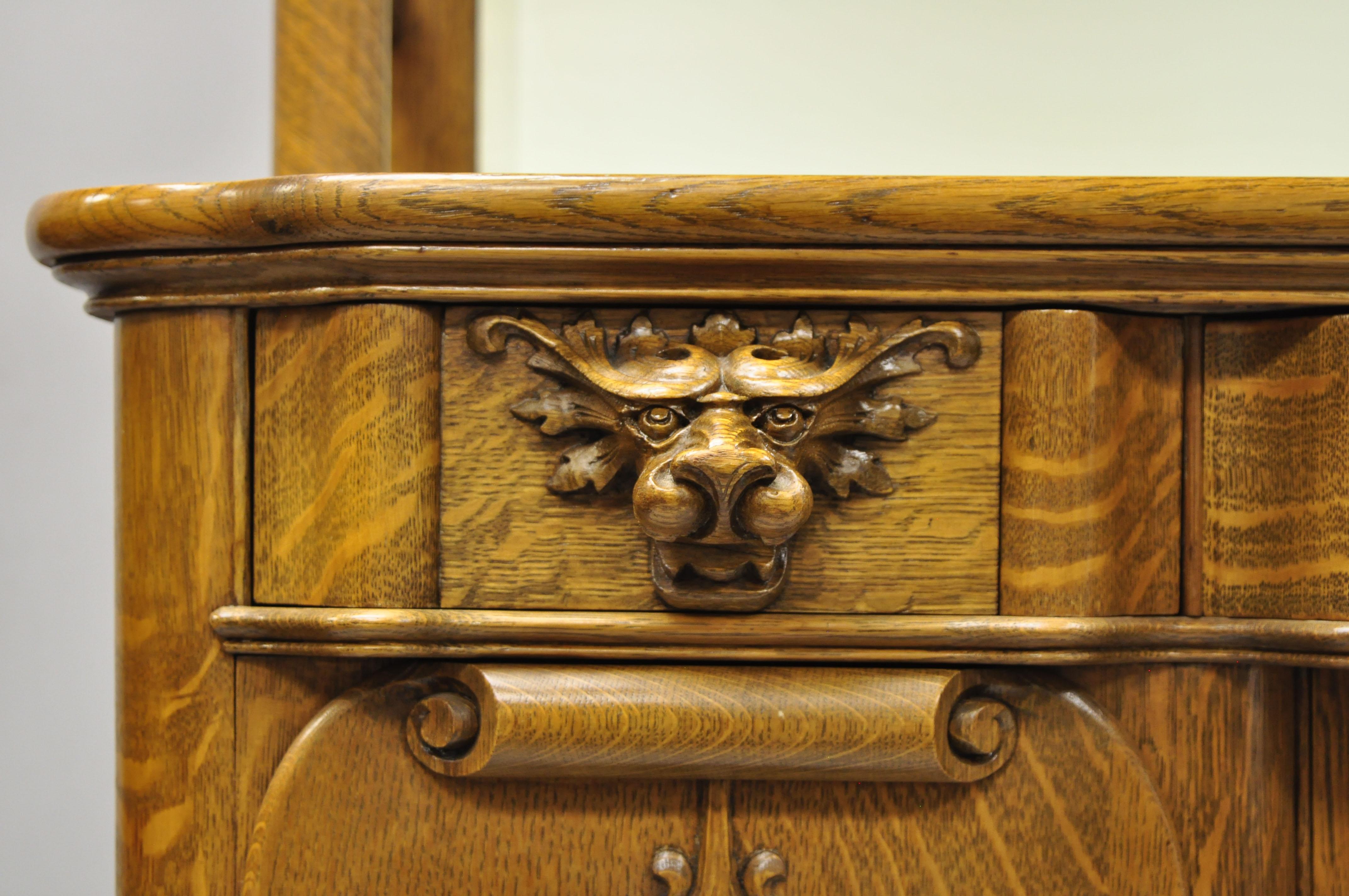 Antique Golden Tiger Oak Victorian Paw Foot Sideboard Buffet Lions & Mirror Back 3