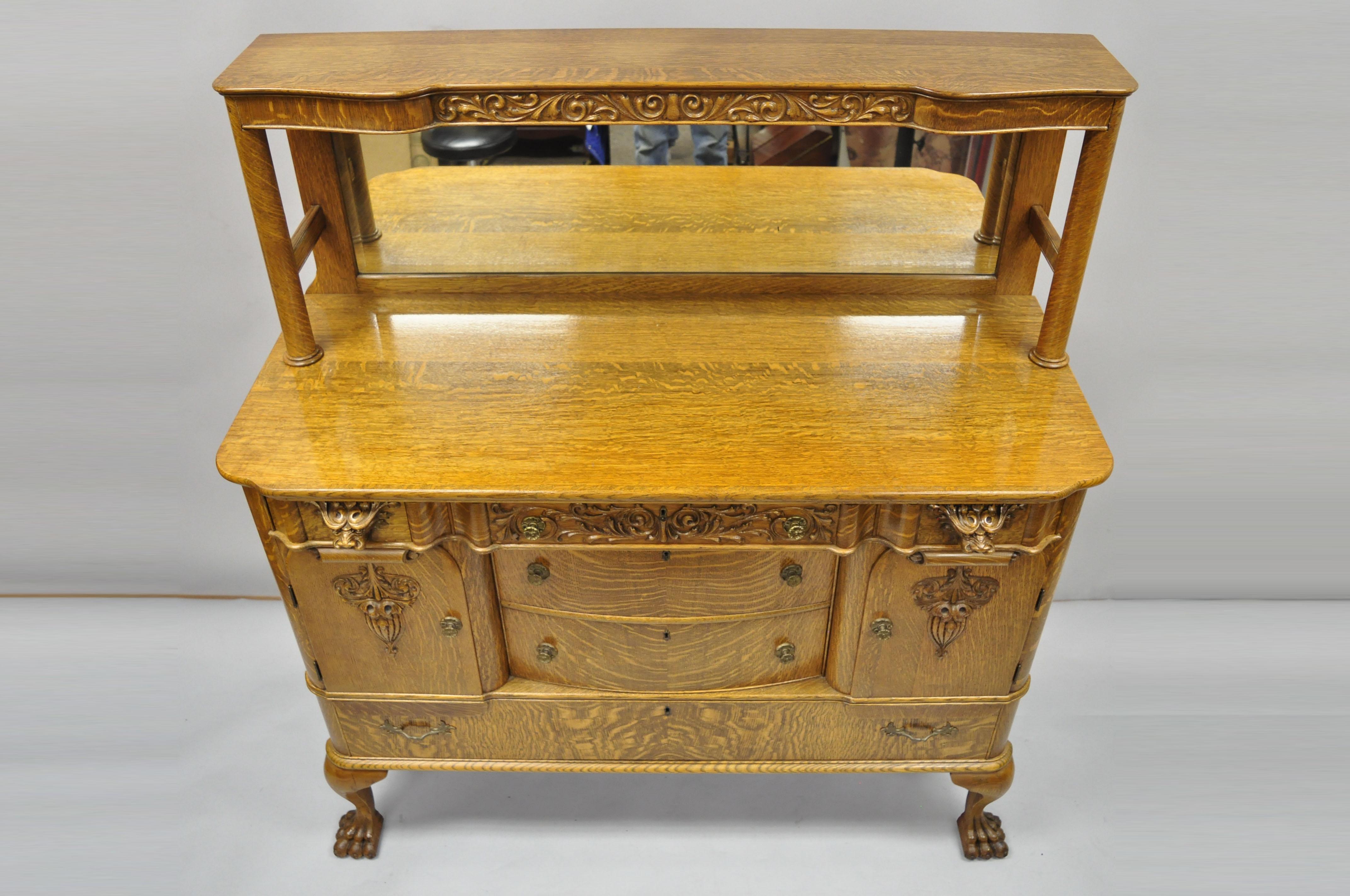 Antique Golden Tiger Oak Victorian Paw Foot Sideboard Buffet Lions & Mirror Back 4