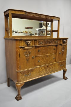 Antique Chêne Tigre doré Victorien Buffet Pied de Patte Lions & Dos de Miroir