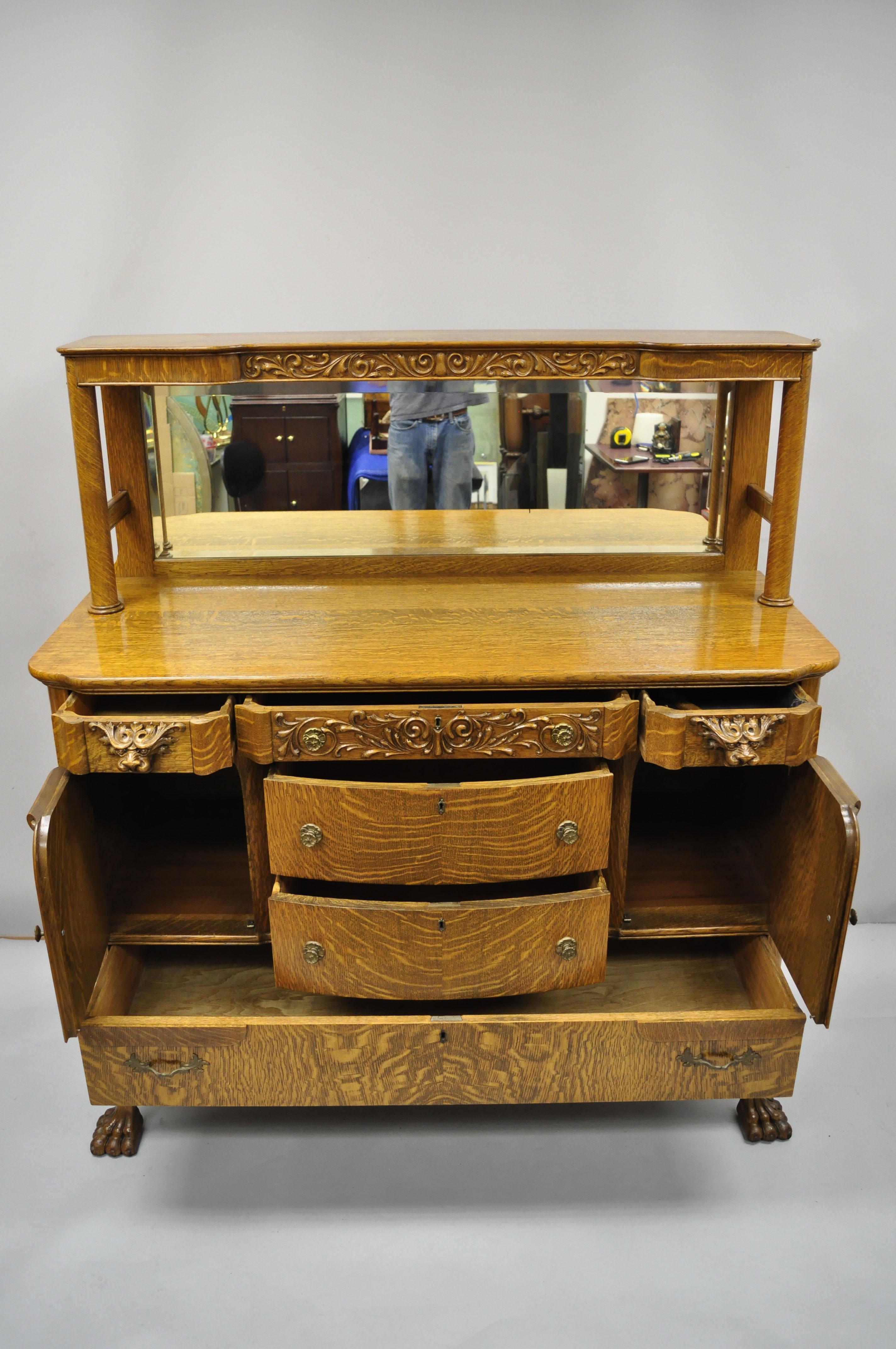 American Antique Golden Tiger Oak Victorian Paw Foot Sideboard Buffet Lions & Mirror Back