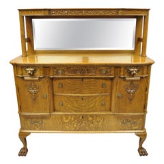 Antique Golden Tiger Oak Victorian Paw Foot Sideboard Buffet Lions & Mirror Back