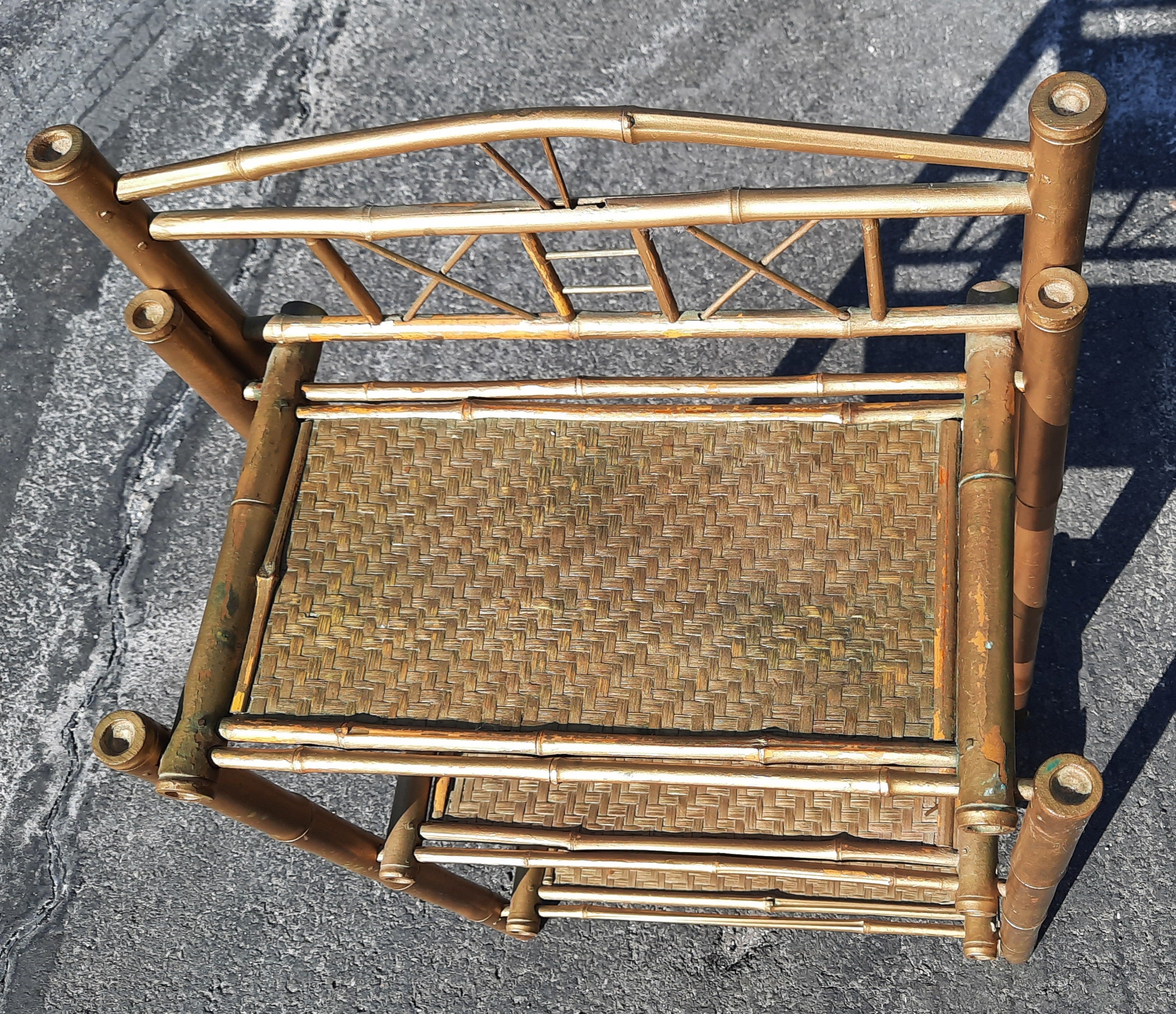 Antique Golden Tortoise Bamboo and Woven Wicker Etagere Bookshelf For Sale 1