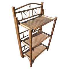 Antique Golden Tortoise Bamboo and Woven Wicker Etagere Bookshelf