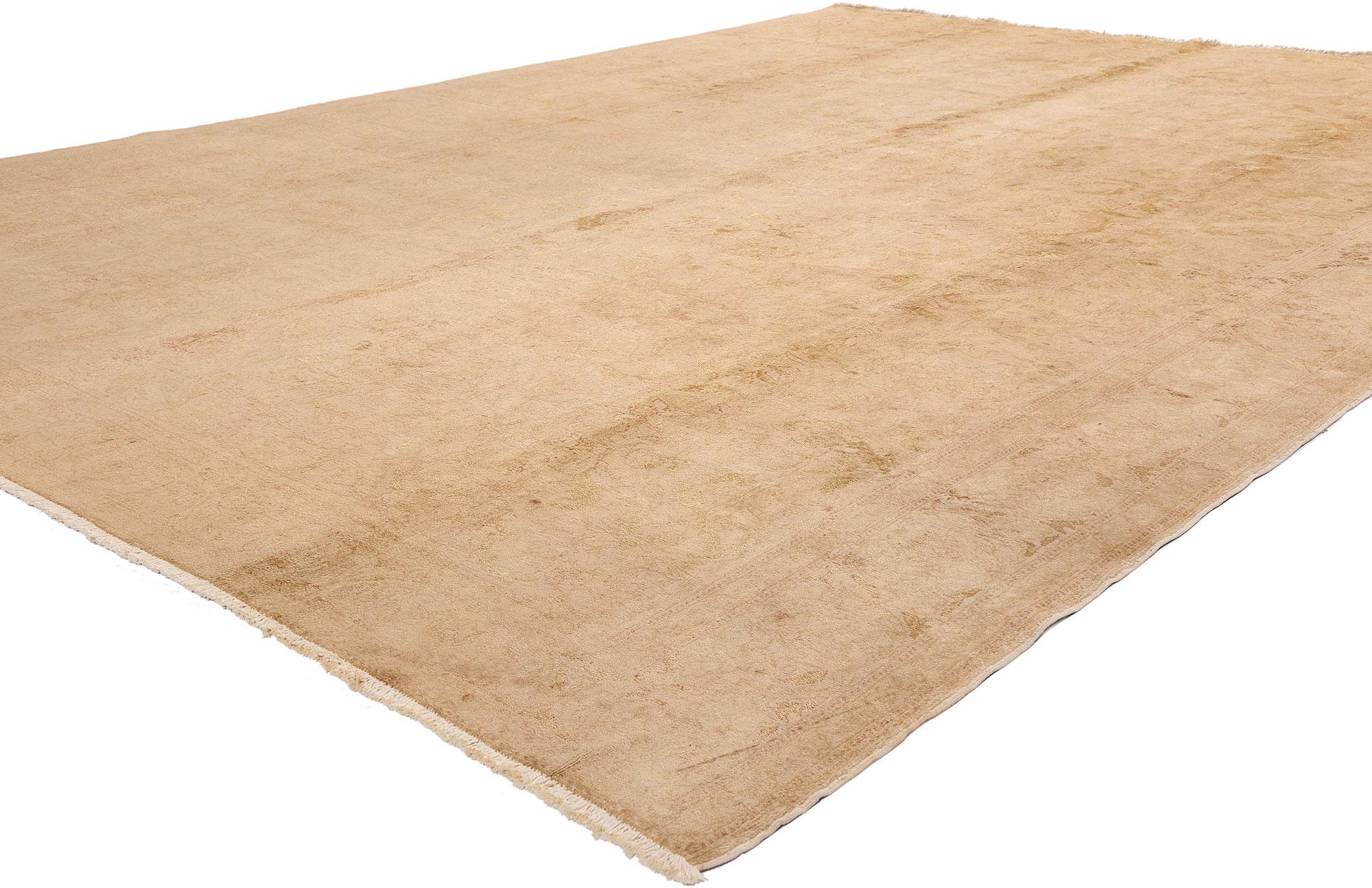 71910 Rare Antique Turkish Oushak Rug, 09'02 x 12'07. Bathed in the warm, sun-kissed hues of Anatolian earth, this hand-knotted cotton antique Turkish Oushak rug is an heirloom of quiet majesty and poetic restraint. Woven in the early decades of the