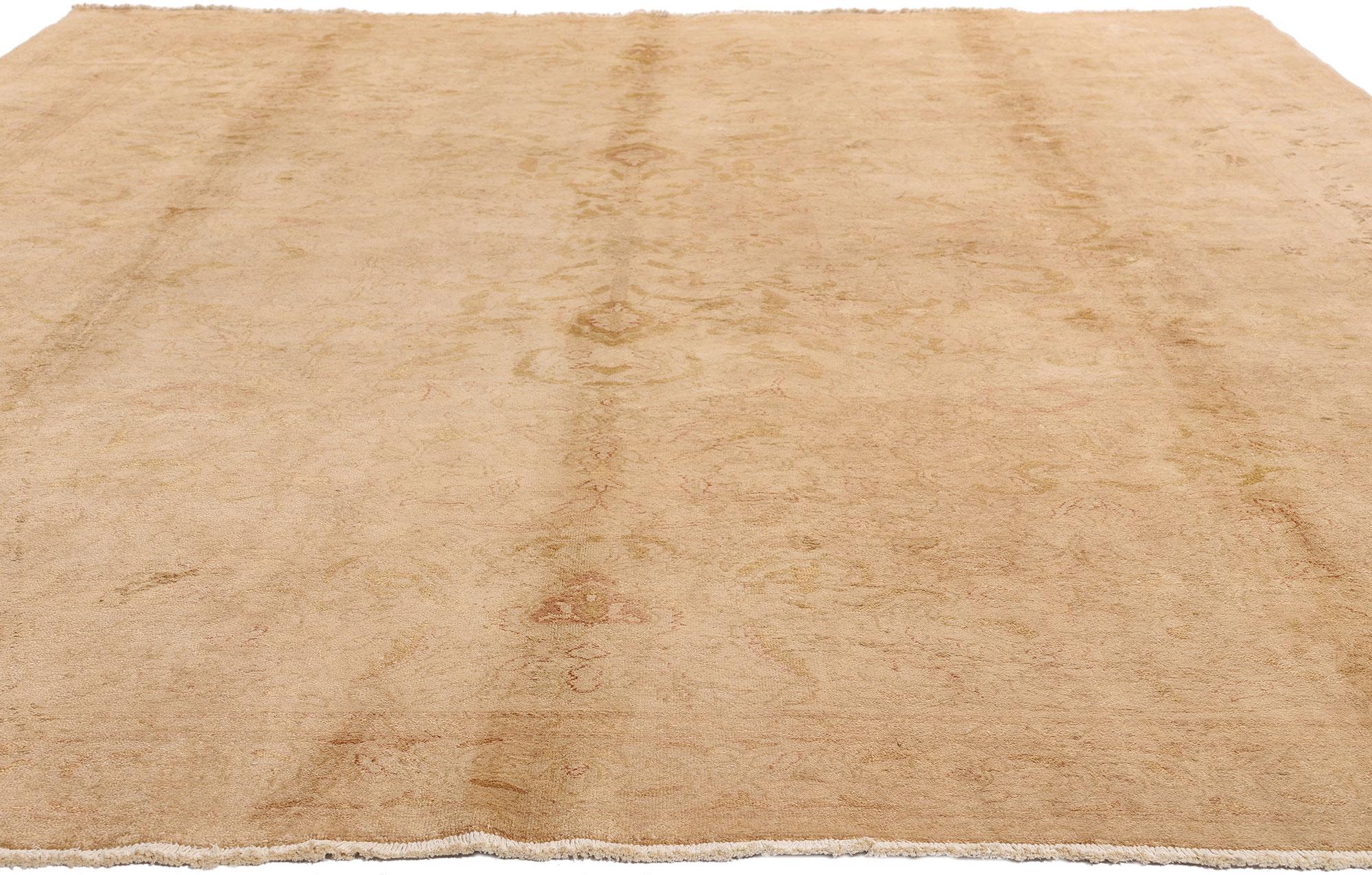 Hand-Knotted Antique Golden Turkish Oushak Rug with Minimalist Appeal in Soft Muted Colors For Sale