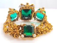 Antique GiltSilverFiligree FauxEmeraldChrysoberylPearl Gold Link&Chain Bracelet