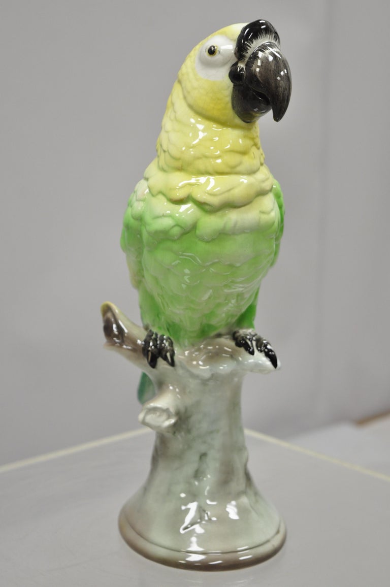 Antique Goldscheider Glazed Ceramic Porcelain Green Parrot Branch