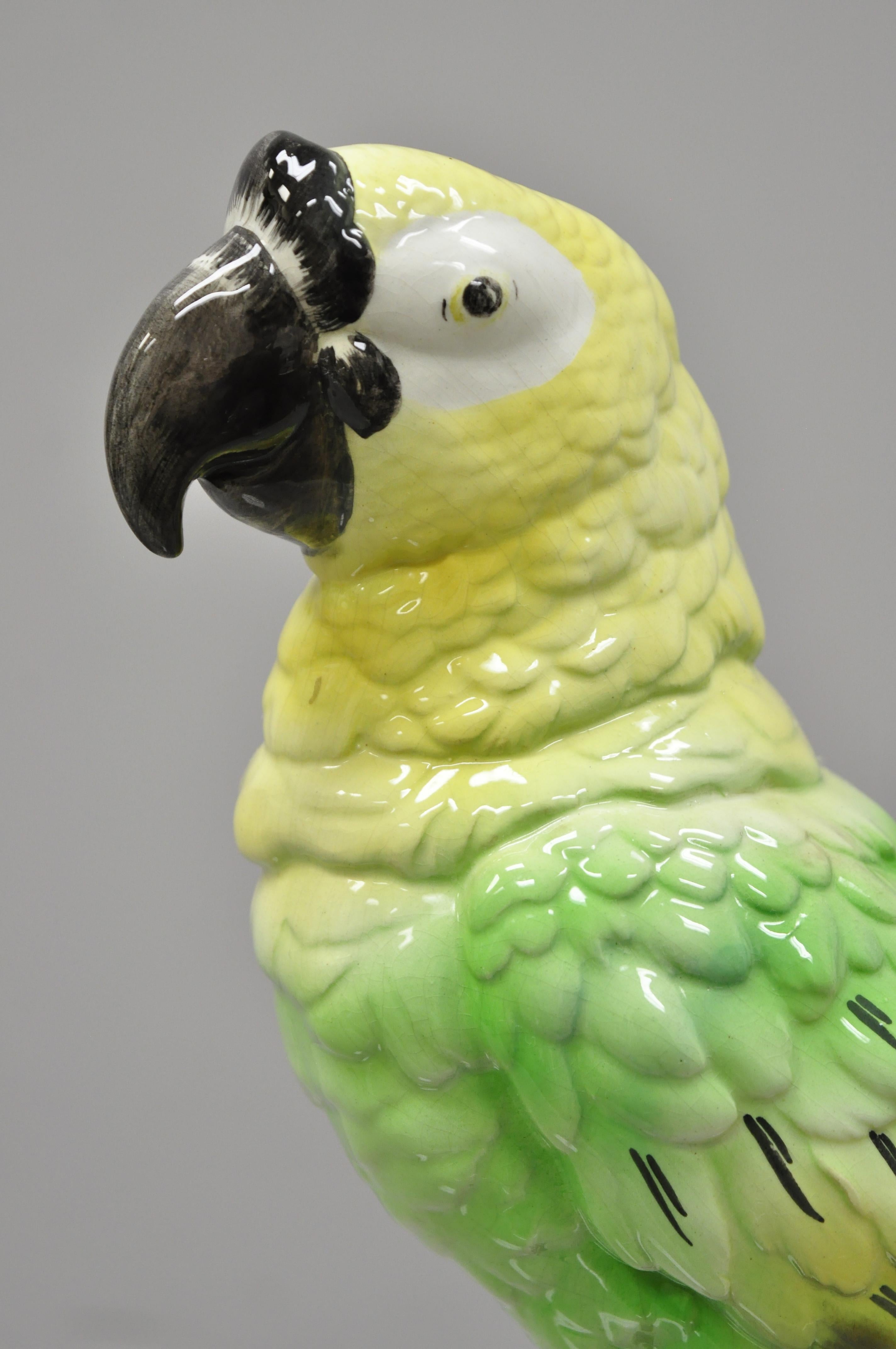 Hollywood Regency Antique Goldscheider Glazed Ceramic Porcelain Green Parrot Branch Figurine