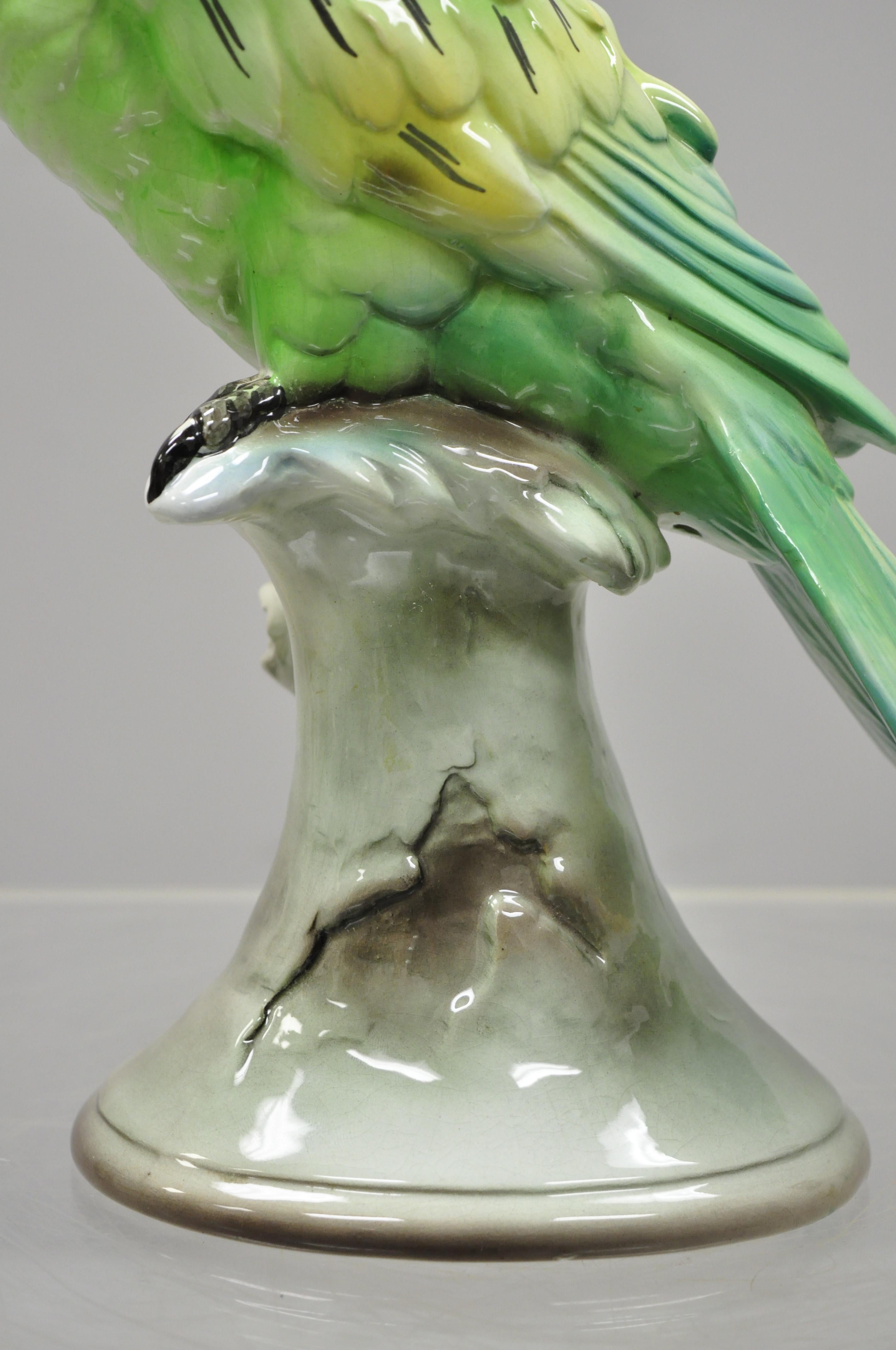 North American Antique Goldscheider Glazed Ceramic Porcelain Green Parrot Branch Figurine