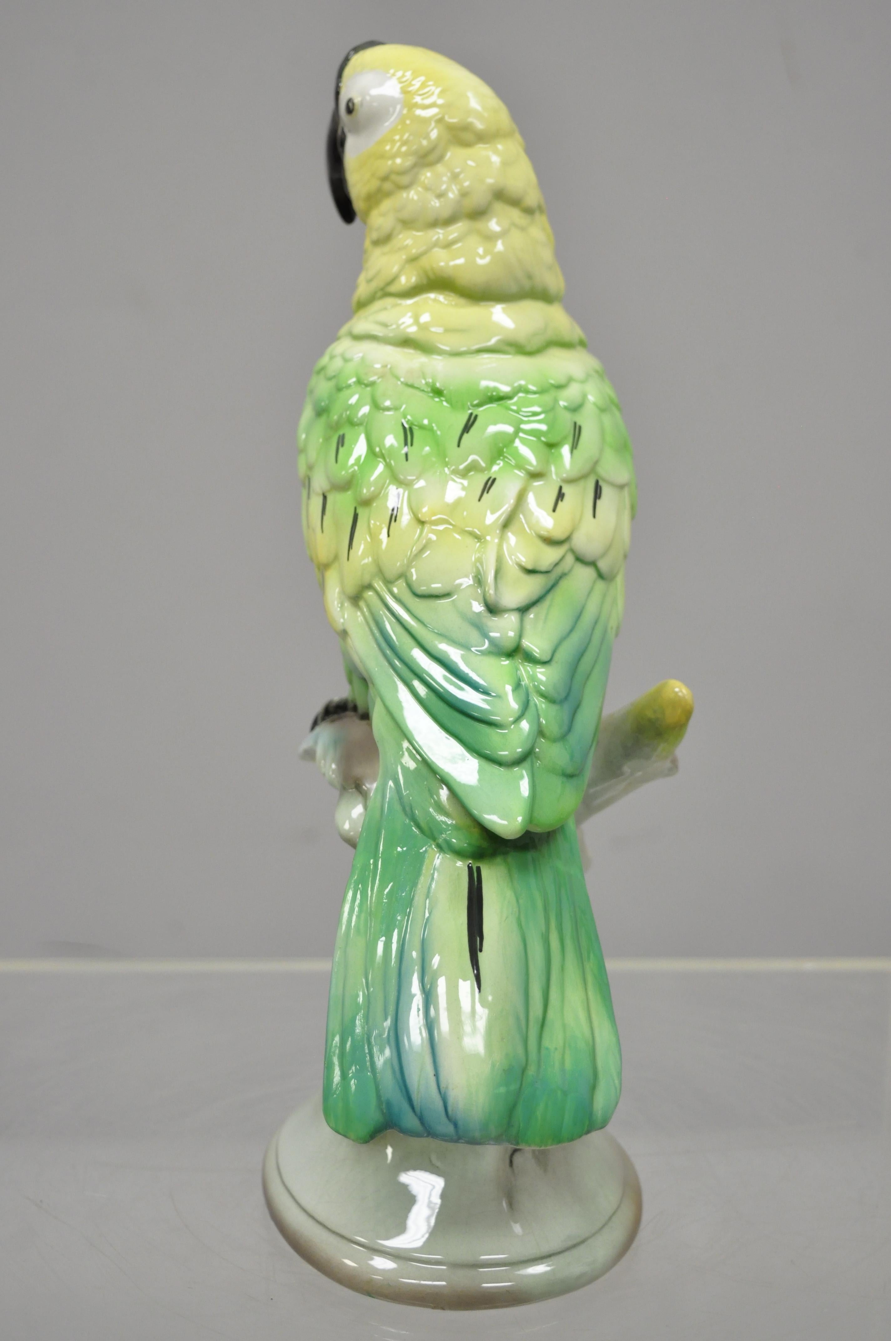 Antique Goldscheider Glazed Ceramic Porcelain Green Parrot Branch Figurine In Good Condition In Philadelphia, PA