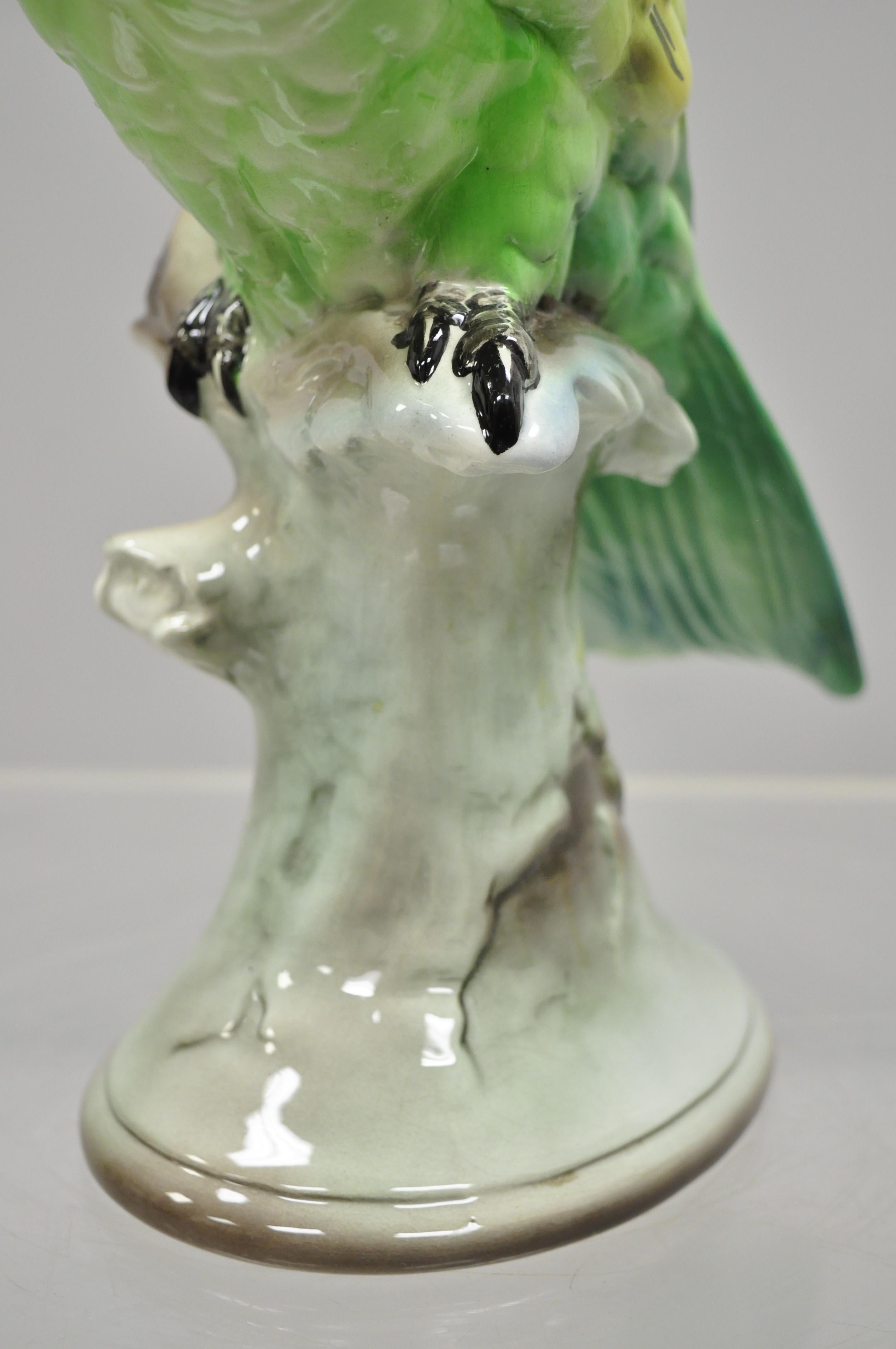 Antique Goldscheider Glazed Ceramic Porcelain Green Parrot Branch Figurine 1