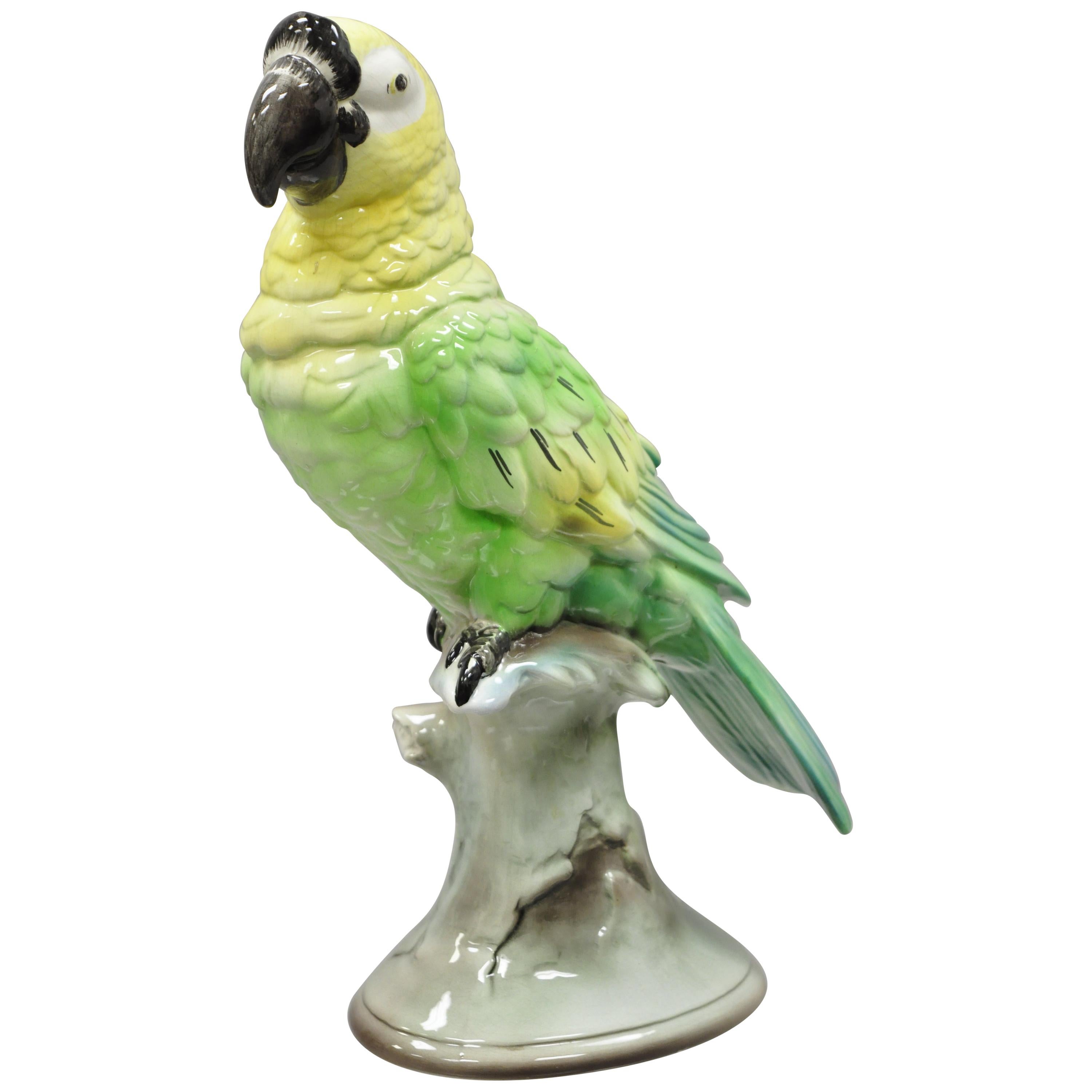 Antique Goldscheider Glazed Ceramic Porcelain Green Parrot Branch Figurine  at 1stDibs