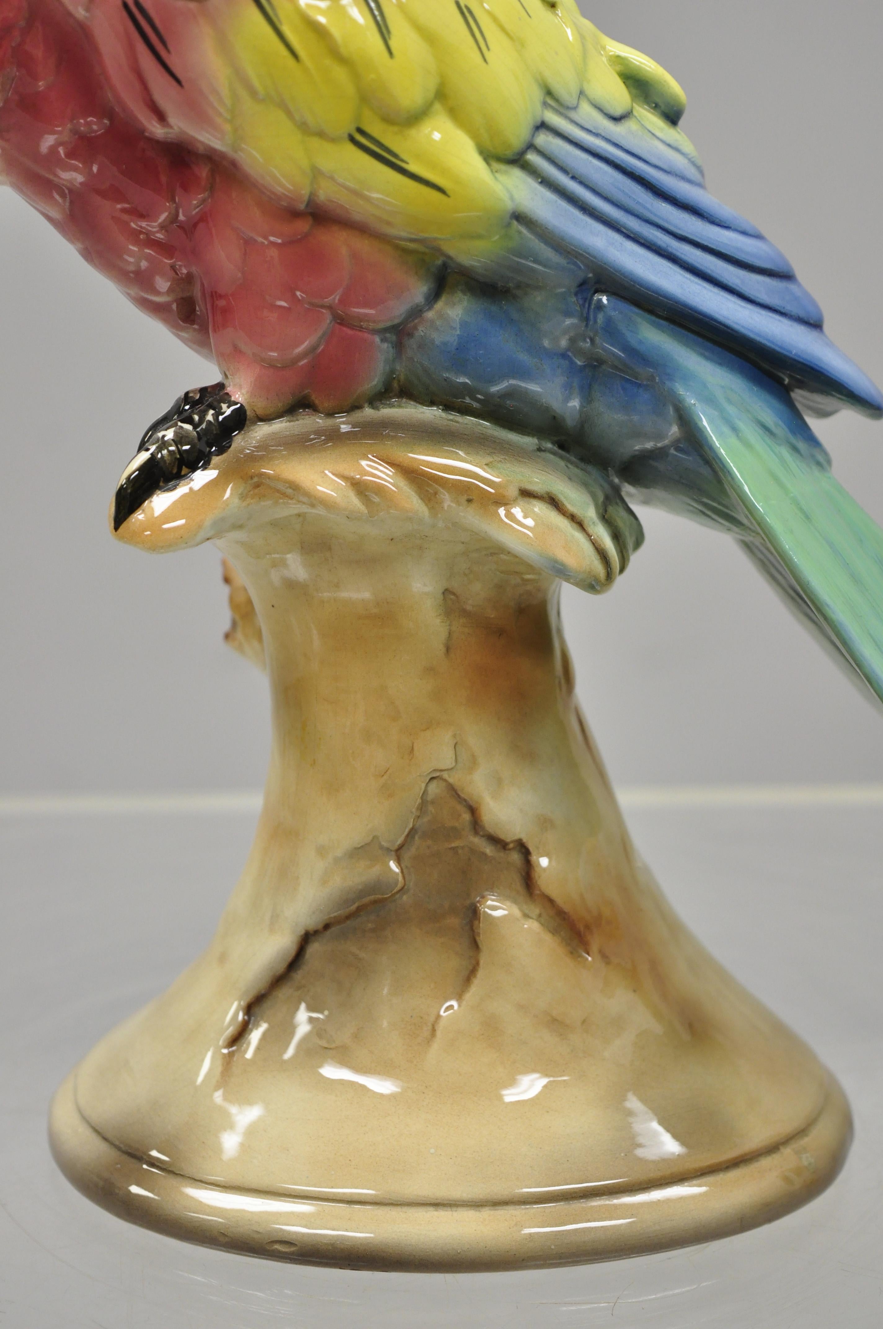 Hollywood Regency Antique Goldscheider Glazed Ceramic Porcelain Pink Parrot on Branch Figurine