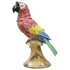 Antique Goldscheider Glazed Ceramic Porcelain Pink Parrot on Branch Figurine