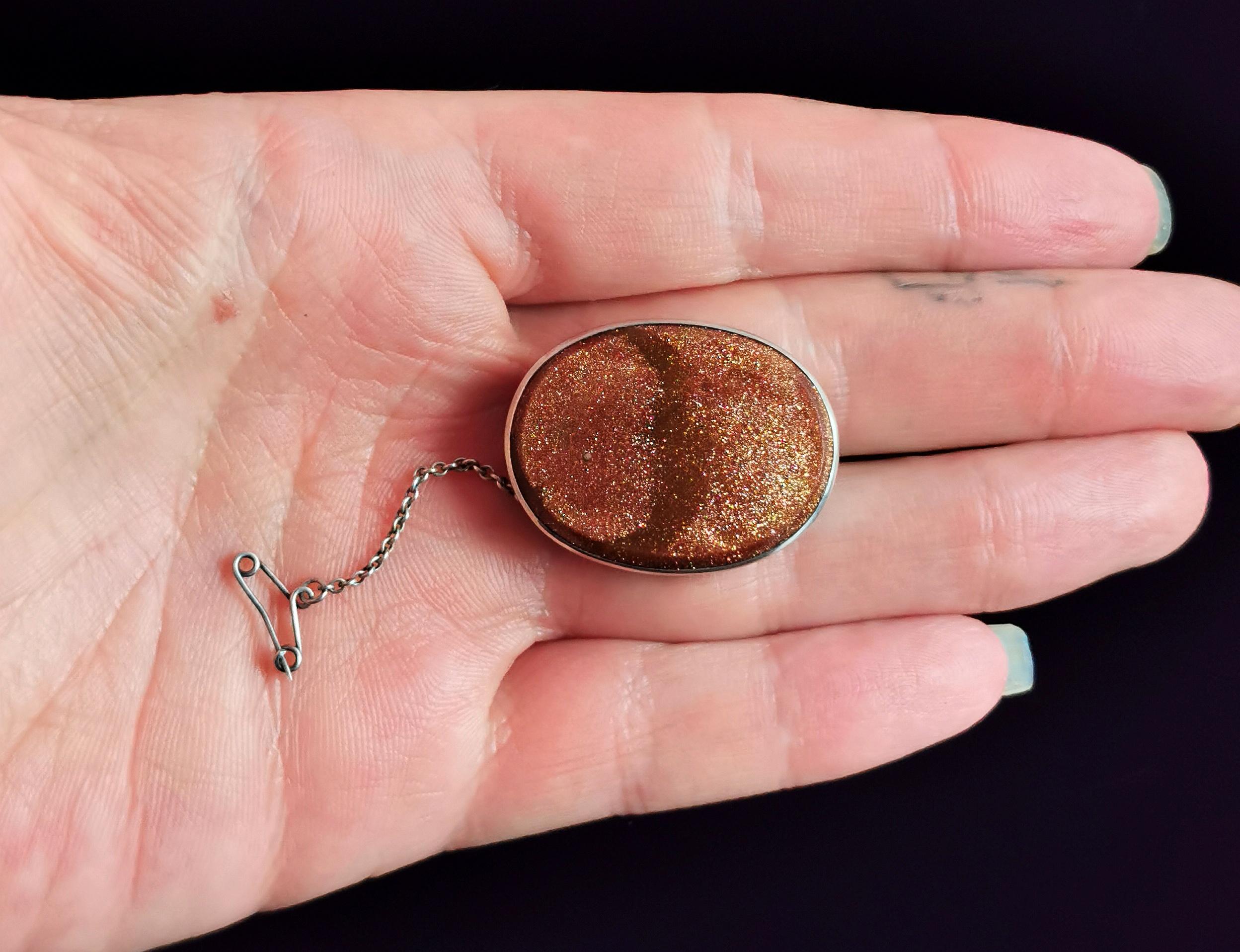 Antique Goldstone Brooch, Sterling Silver, Edwardian 7