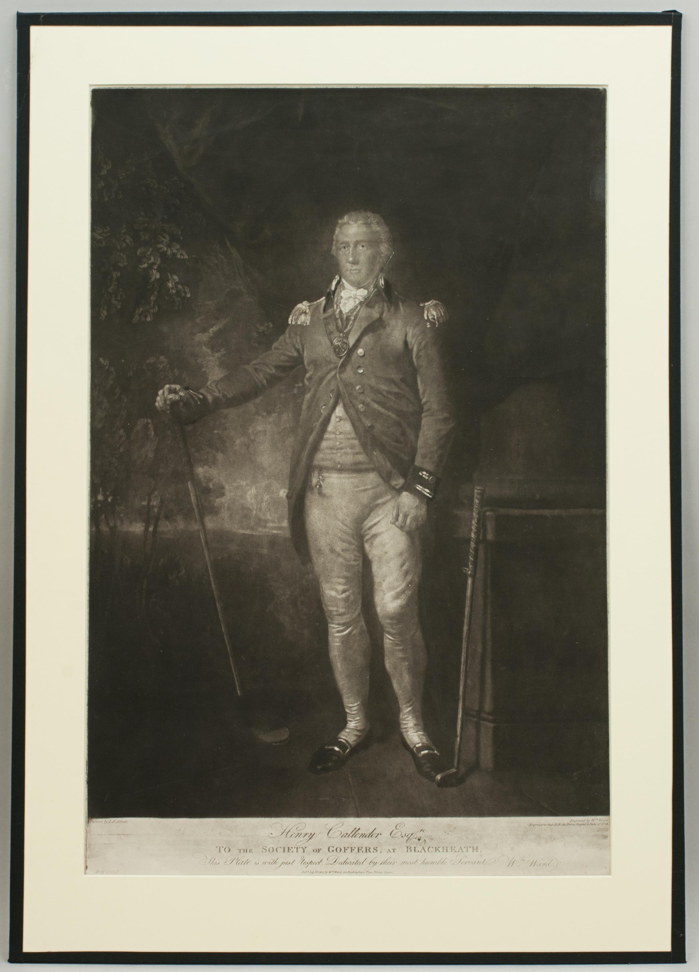 Sporting Art Antique Golf Engraving, Henry Callender ESQ, Golf Mezzotint For Sale