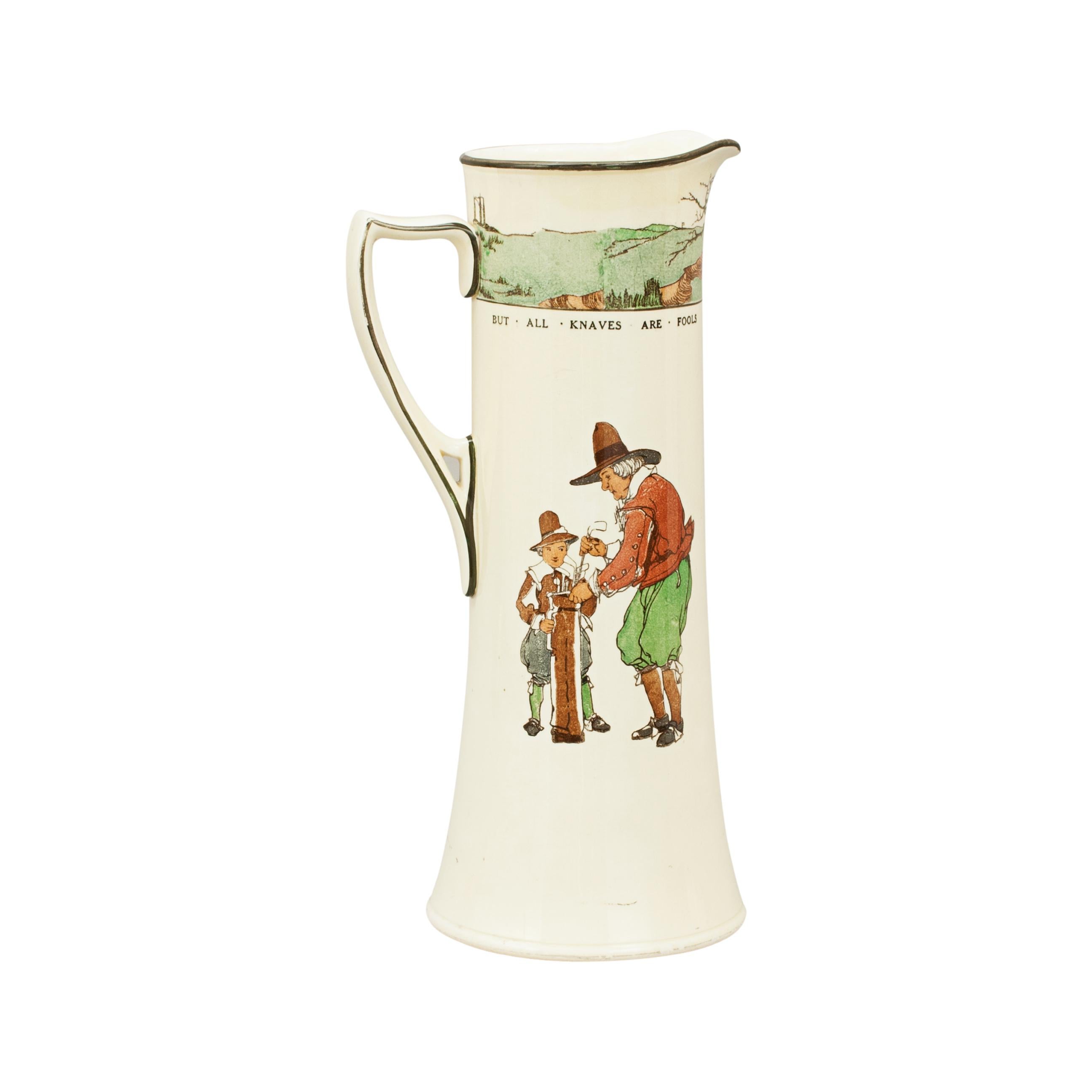 Royal Doulton golf series ware jug.
A very rare large Royal Doulton jug with polychrome golf scenes by Charles Crombie. The jug has two different golf scenes on the side, one is of a putting scene with a caddie on all fours blowing the golf ball