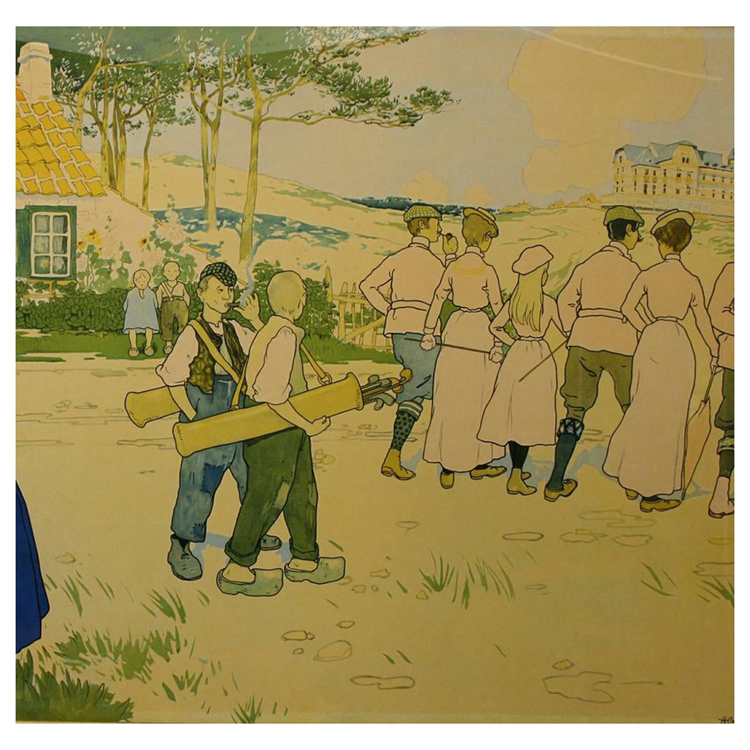 Antique Golf Poster, Coq Sur Mer, De Haan, Belgium, 1897 For Sale