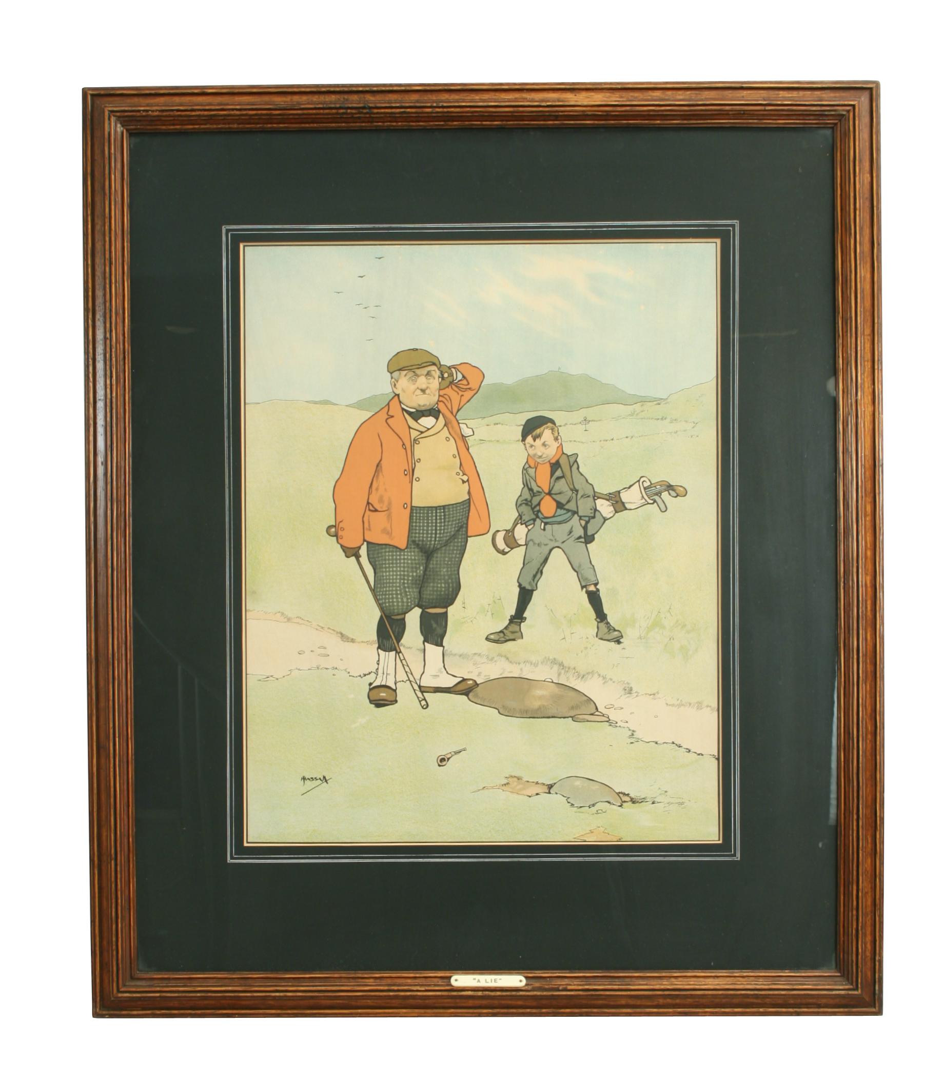 John Hassall golf print 'A Lie'.
A very nice golfing chromolithograph after J. Hassall entitled 'A Lie'. The colourful golf print is in the original oak frame with an ivorine plaque mounted onto the frame with the title 'A LIE'. The picture depicts