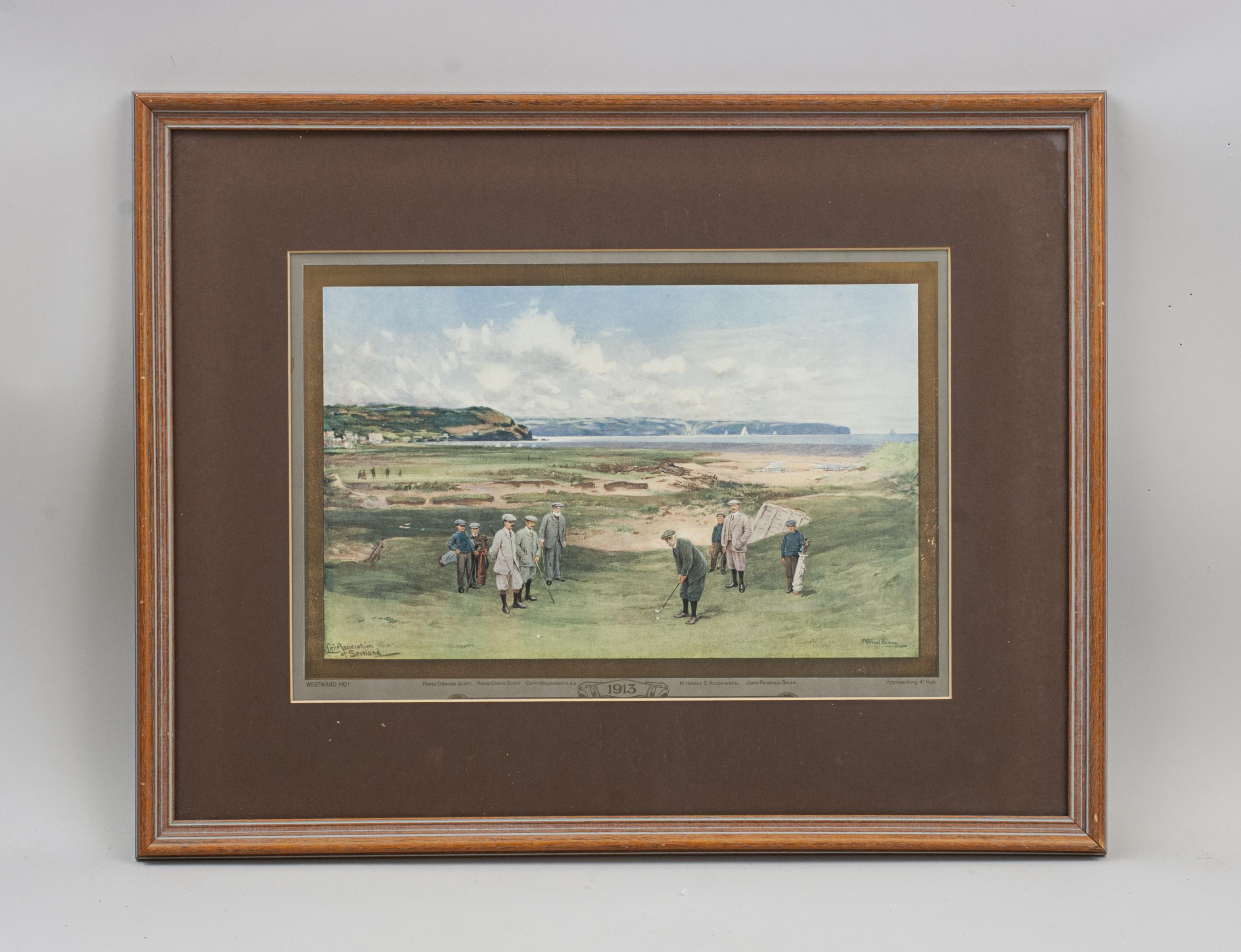 ¡Hacia el Oeste! (Royal North Devon Golf Club) Aproximación al 4º hoyo.
Un calendario de 1913 de la Life Association of Scotland enmarcado y montado. El calendario es con una maravillosa imagen colorida de golf de Westward Ho!, la imagen está tomada