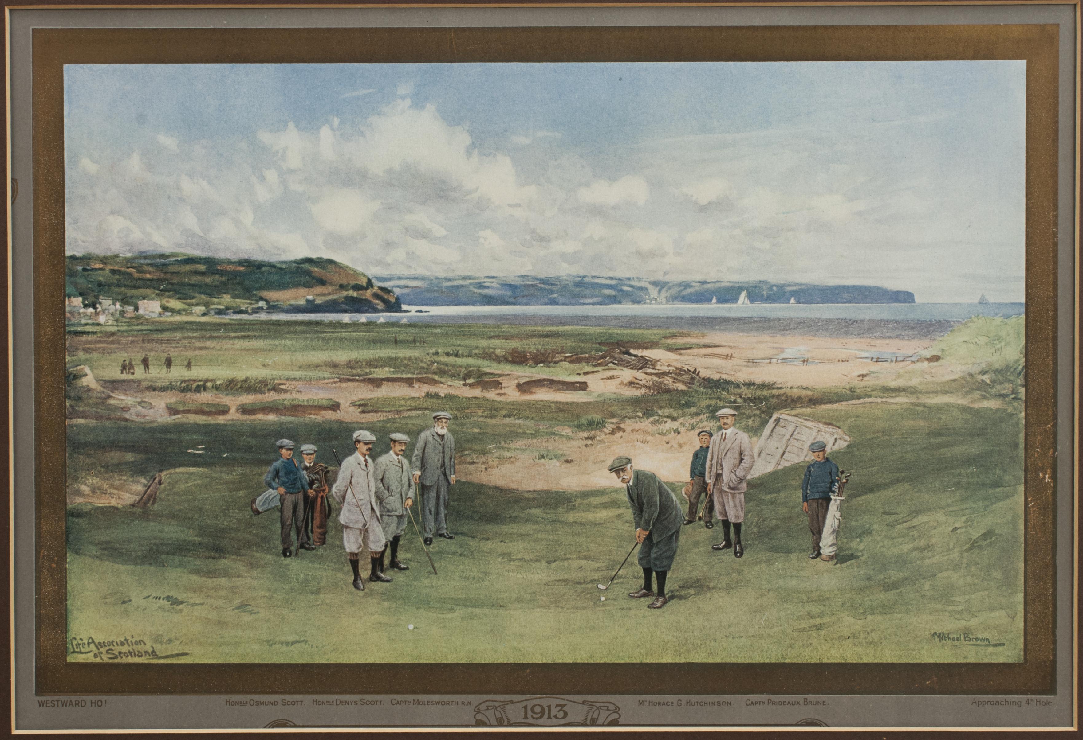 Grabado antiguo de golf, Westward Ho!, Life Association of Scotland, Michael Brown Británico en venta