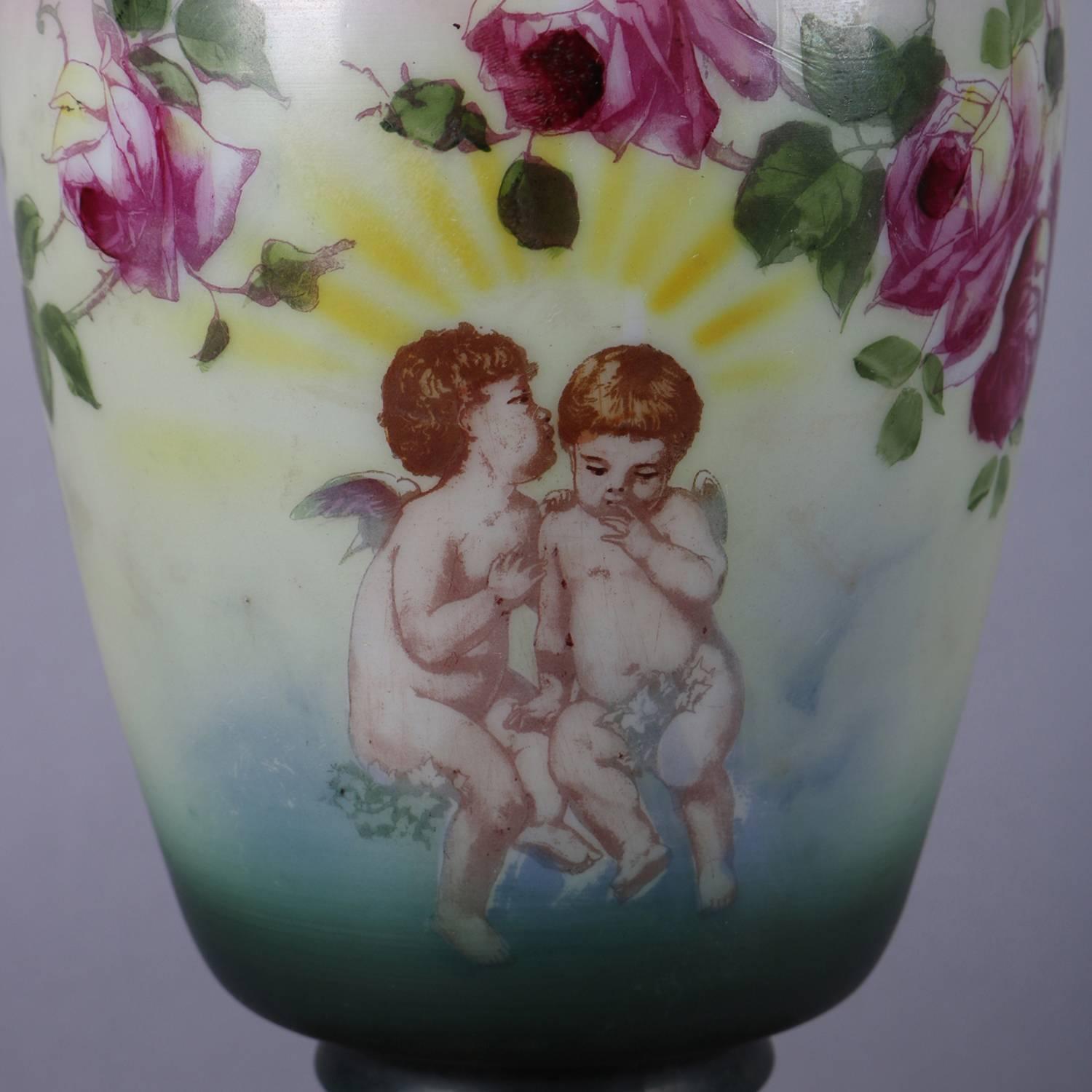 Glass Antique Gone with the Wind Gilt and Hand-Painted Cherub and Rose Oil Lamp