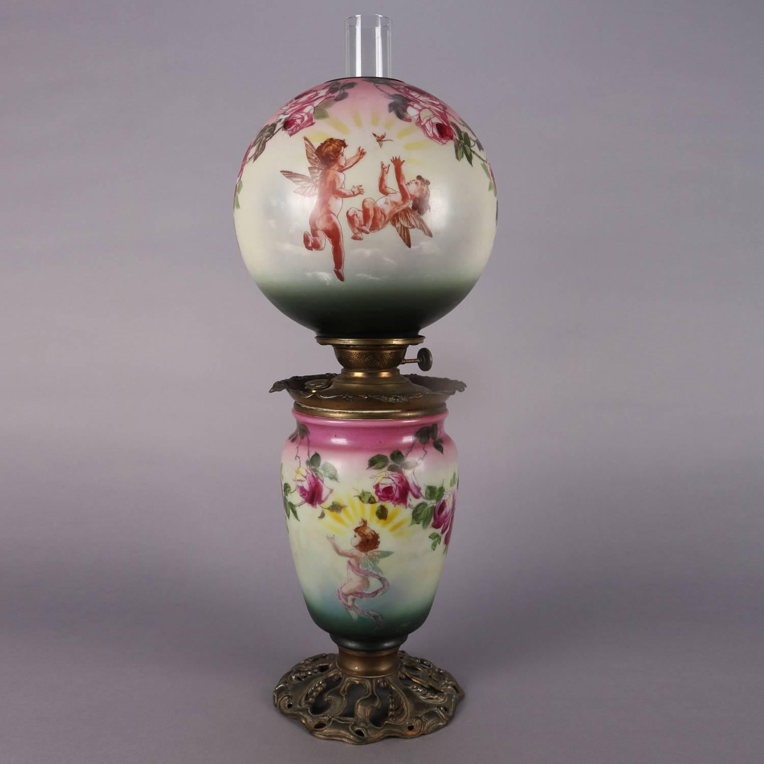 Classical Victorian Gone-with-the-wind oil lamp has hand-painted Classical scene including cherubs and rose garland, circa 1890.

Measures: 27