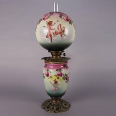 Antique Gone with the Wind Gilt and Hand-Painted Cherub and Rose Oil Lamp