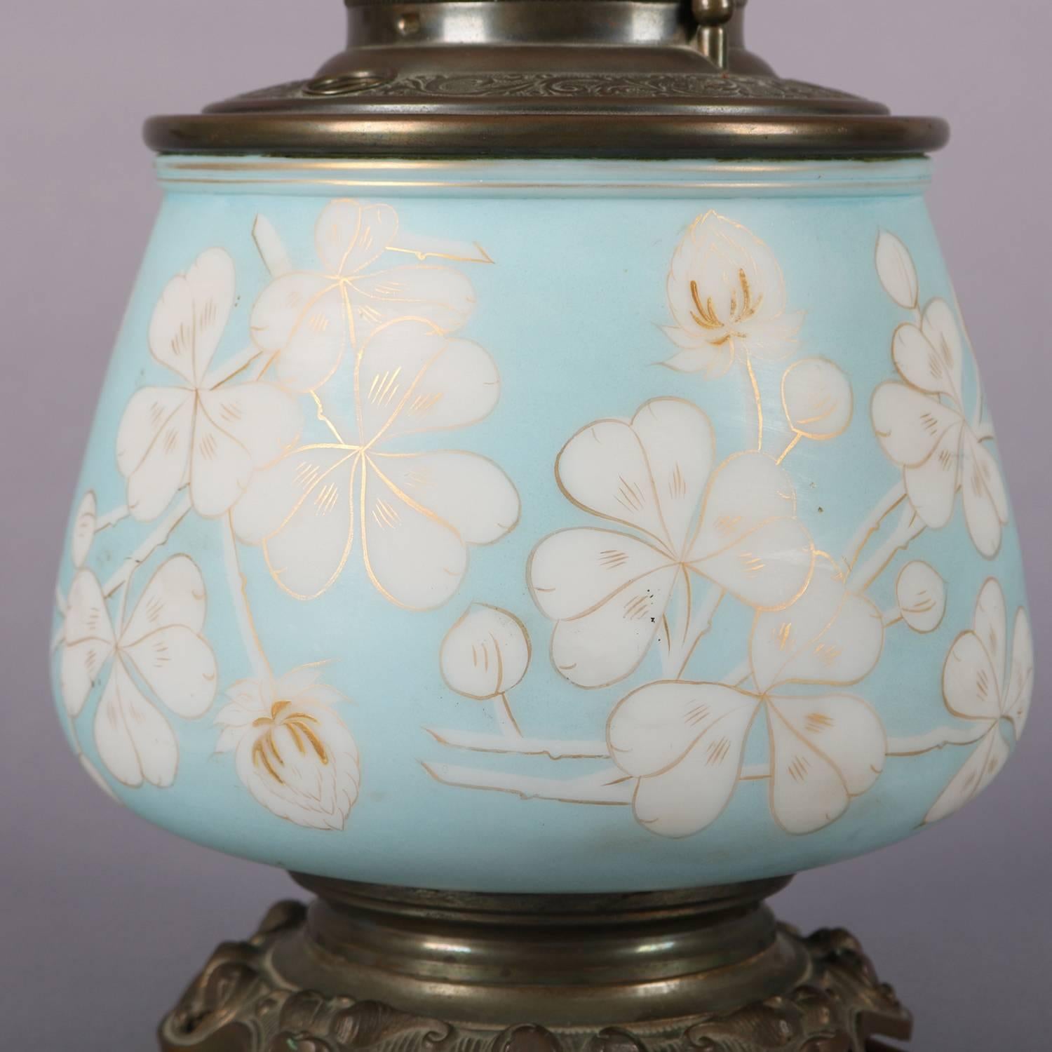 Victorian Antique Gone with the Wind Gilt and Painted Satin Glass Electrified Oil Lamp