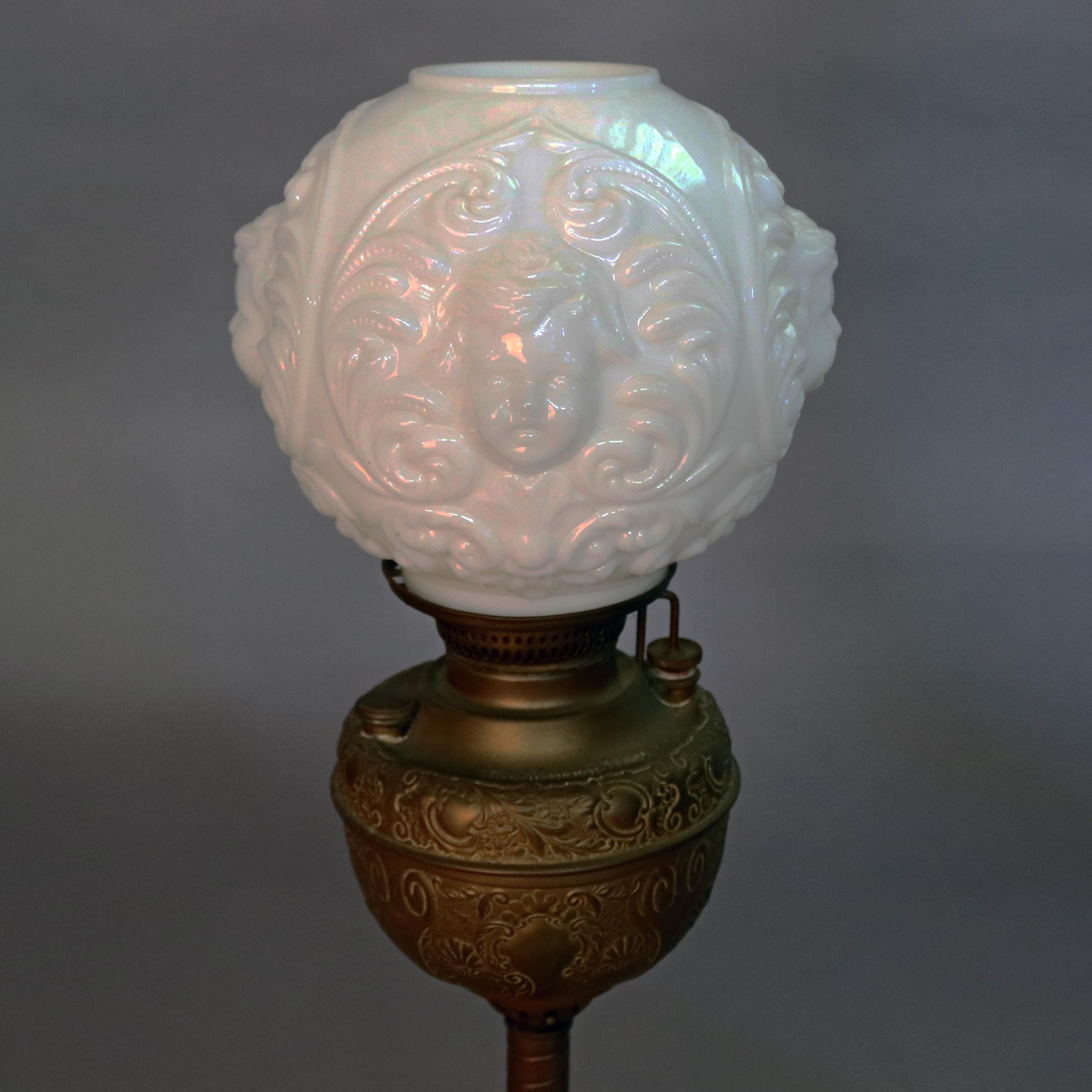 American Antique Gone with the Wind Oil Lamp, Blown Out Milk Glass Cherub Shade