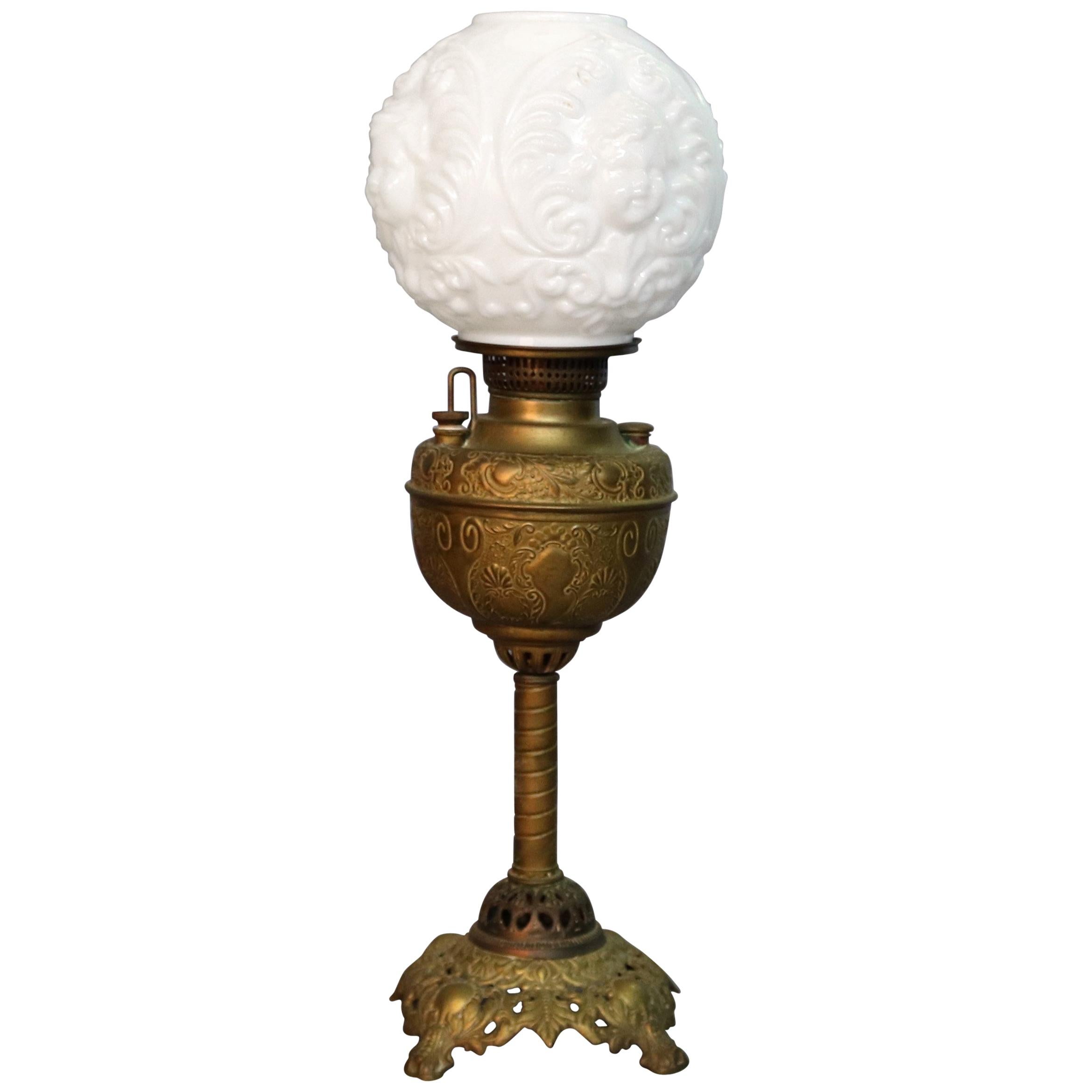 Antique Gone with the Wind Oil Lamp, Blown Out Milk Glass Cherub Shade