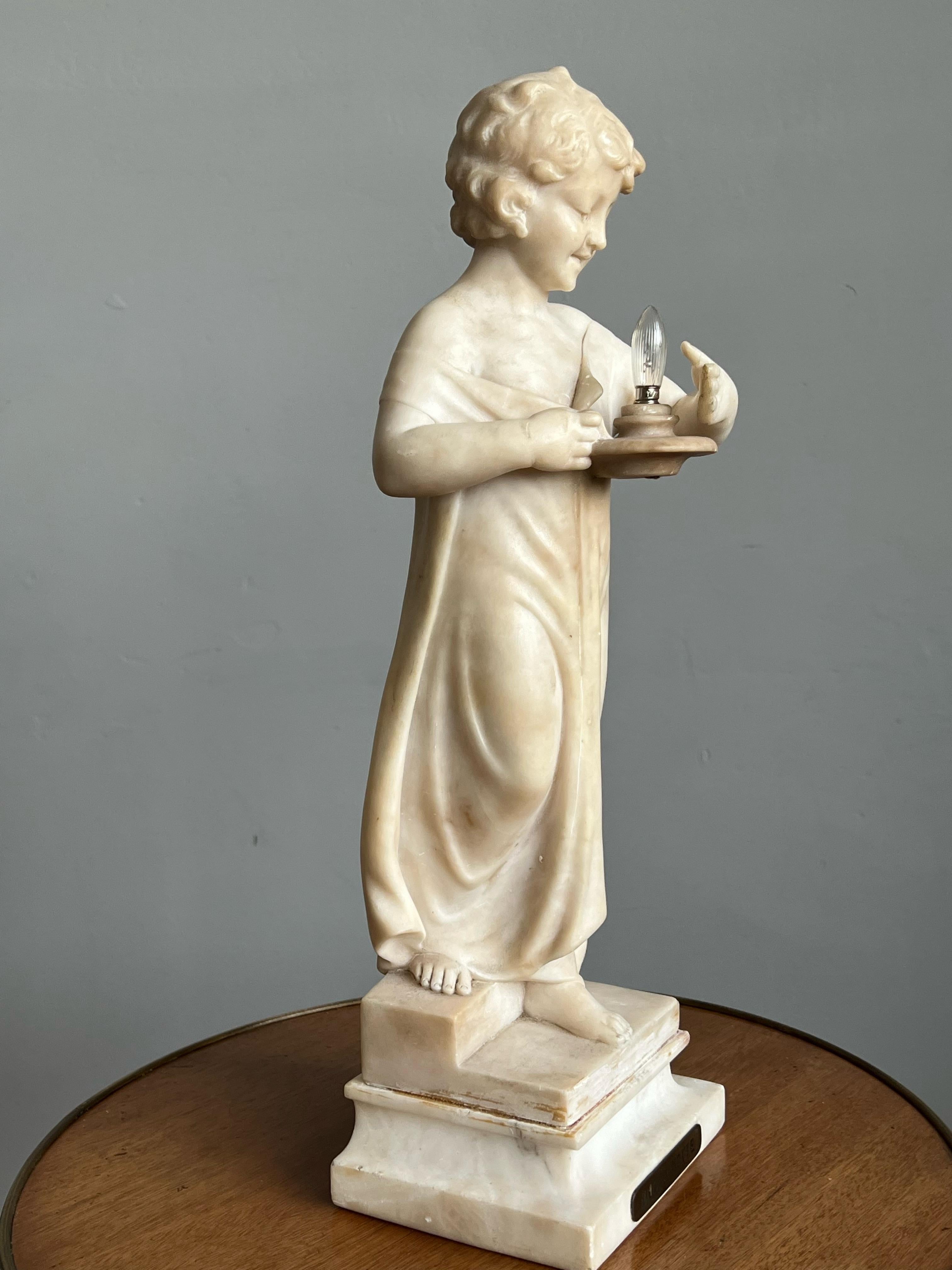 Ancienne lampe de bureau Good Night, Italie, sculpture d'une fille en albâtre par U. Stiaccini en vente 8