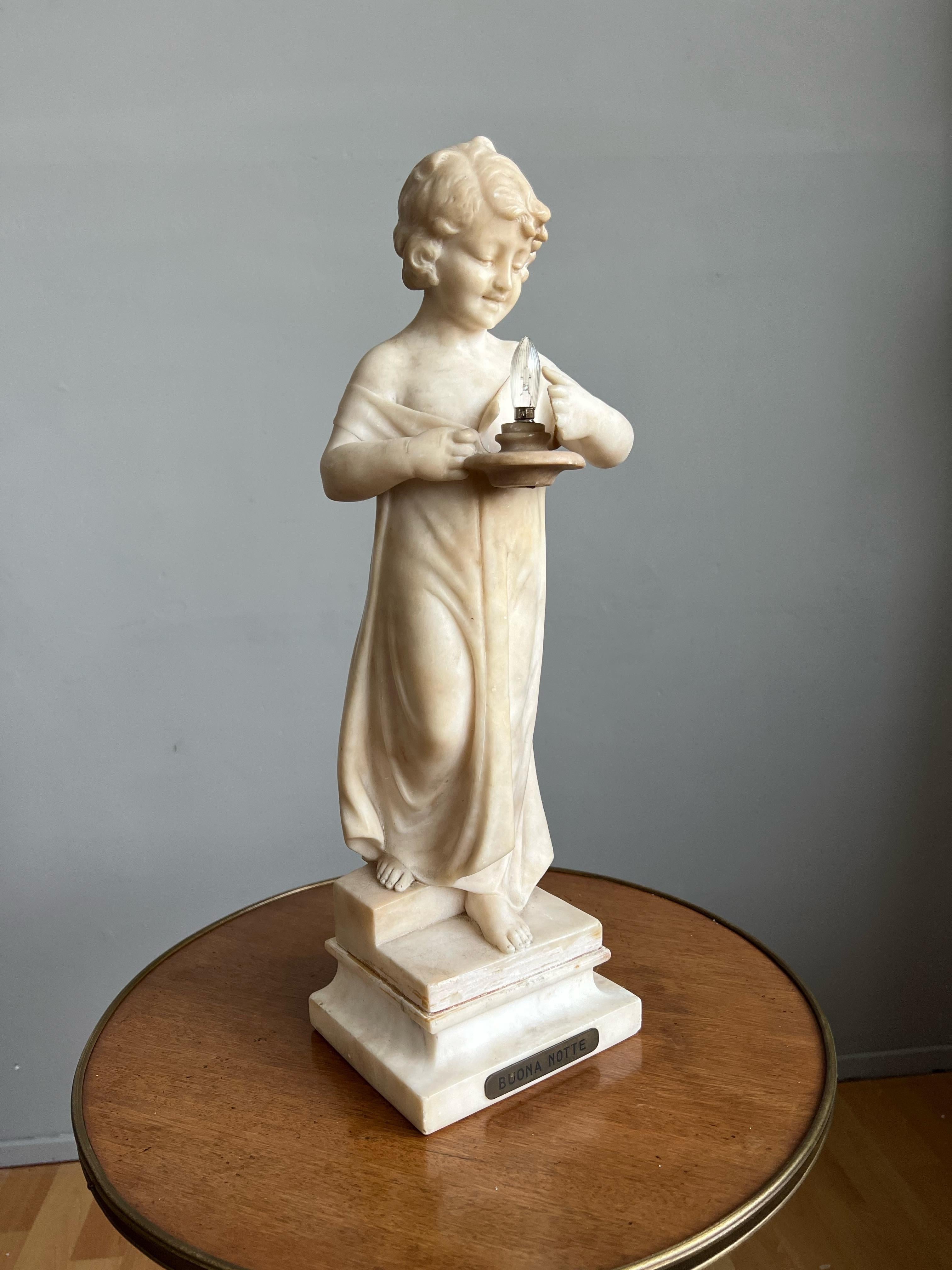Ancienne lampe de bureau Good Night, Italie, sculpture d'une fille en albâtre par U. Stiaccini en vente 1