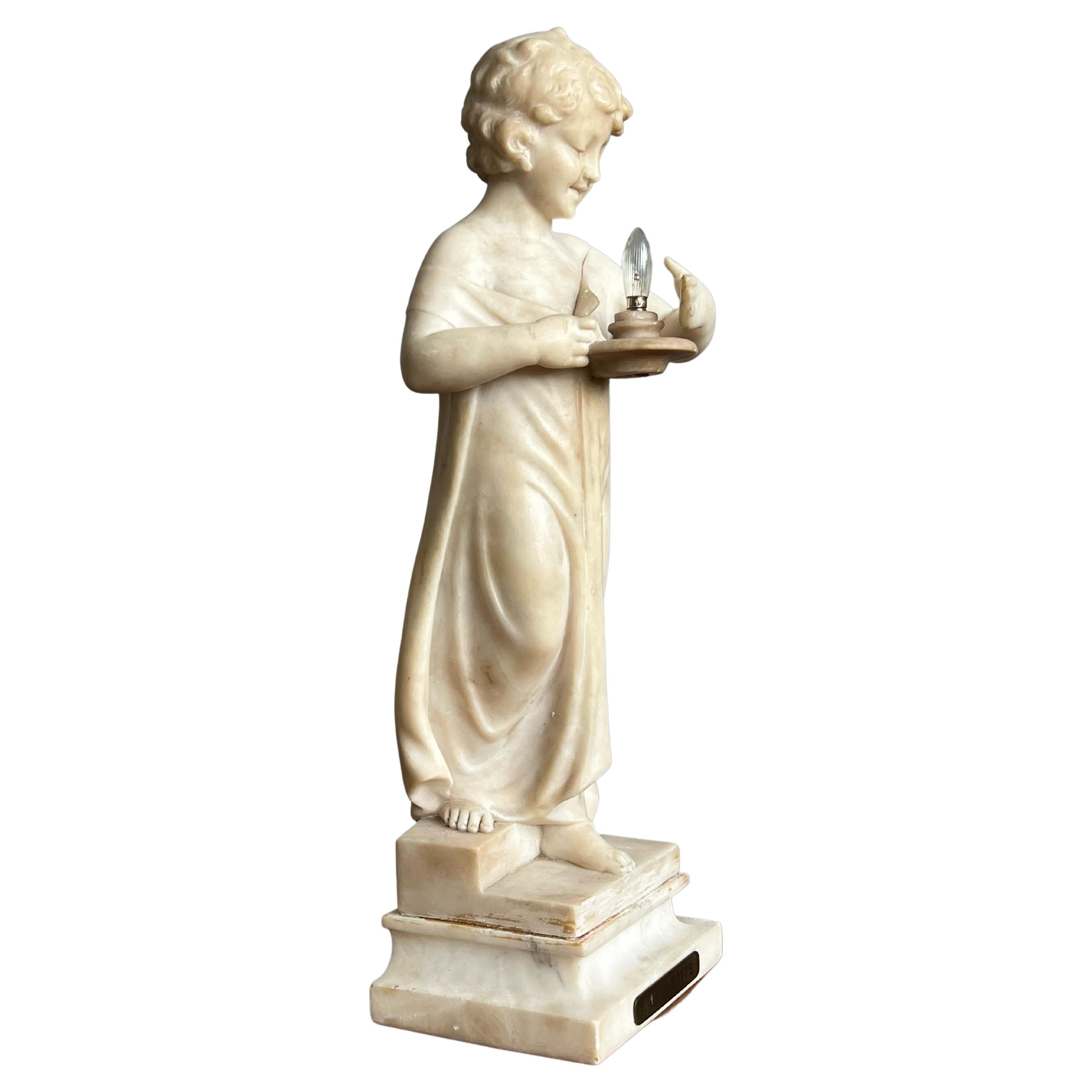 Antique "Good Night" Italian Alabaster Girl Sculpture Table Lamp by U. Stiaccini