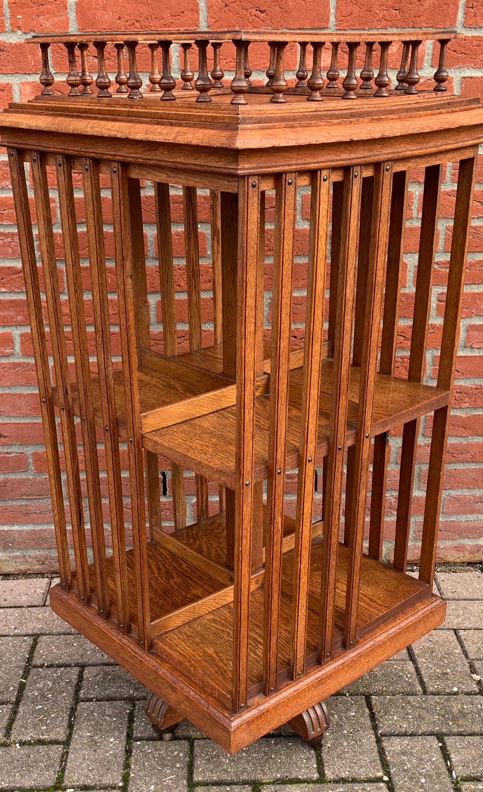 Antique & Good Size Early 1900s Tiger Oak Revolving Bookcase on Original Wheels For Sale 9